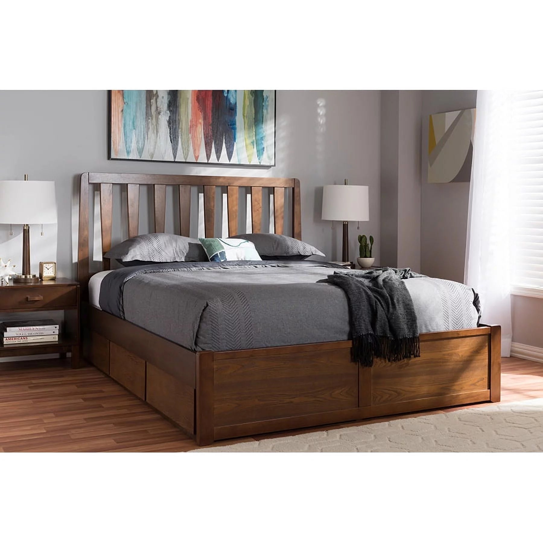 Baxton Studio Raurey Modern and Contemporary Walnut Finished Queen Size Storage Platform Bed