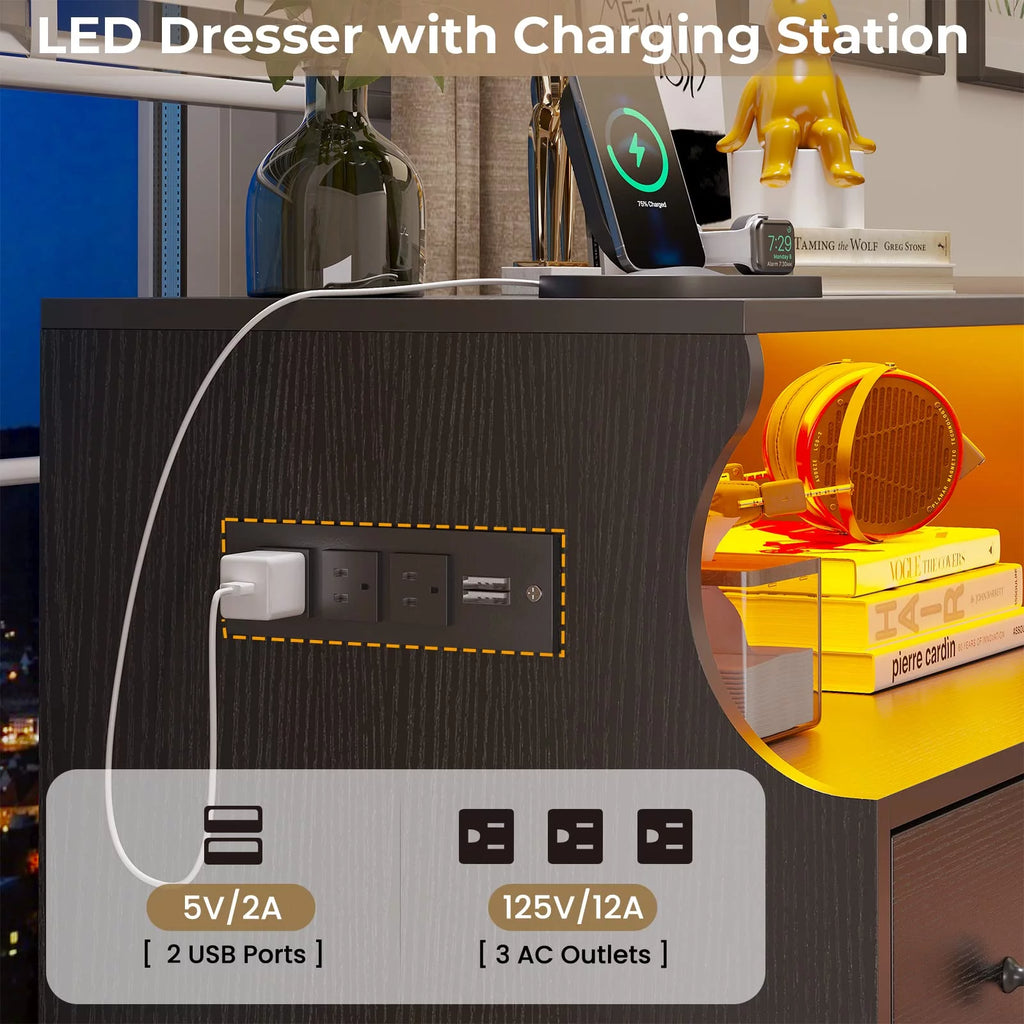 4 Drawer Dresser with LED Lights and Charging Station, Wide Chest of Drawers for Bedroom, Black