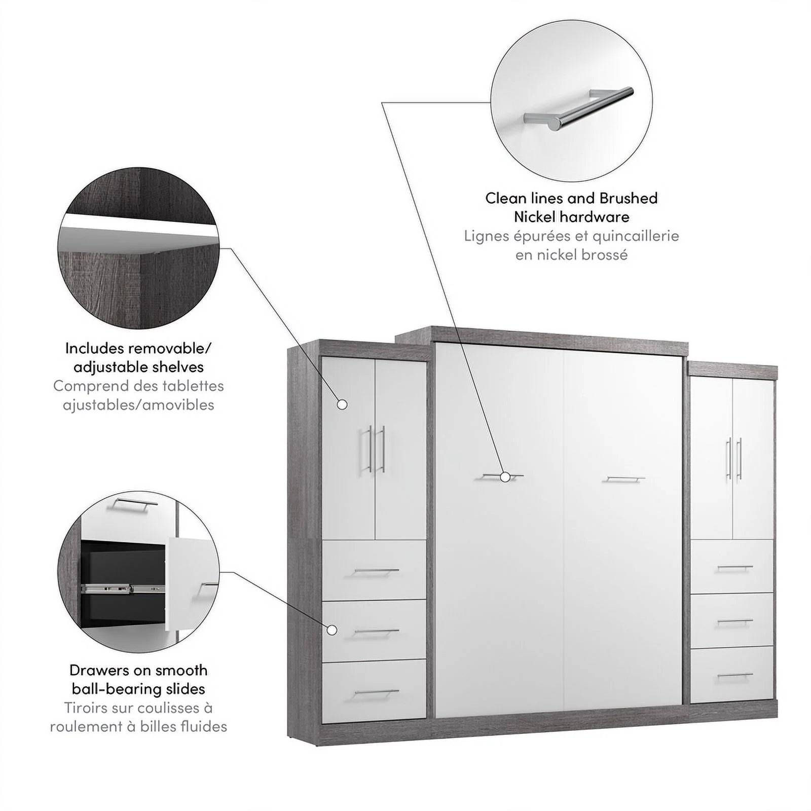 Atlin Designs 115" Engineered Wood Queen Wall Bed Kit in Bark Gray/White