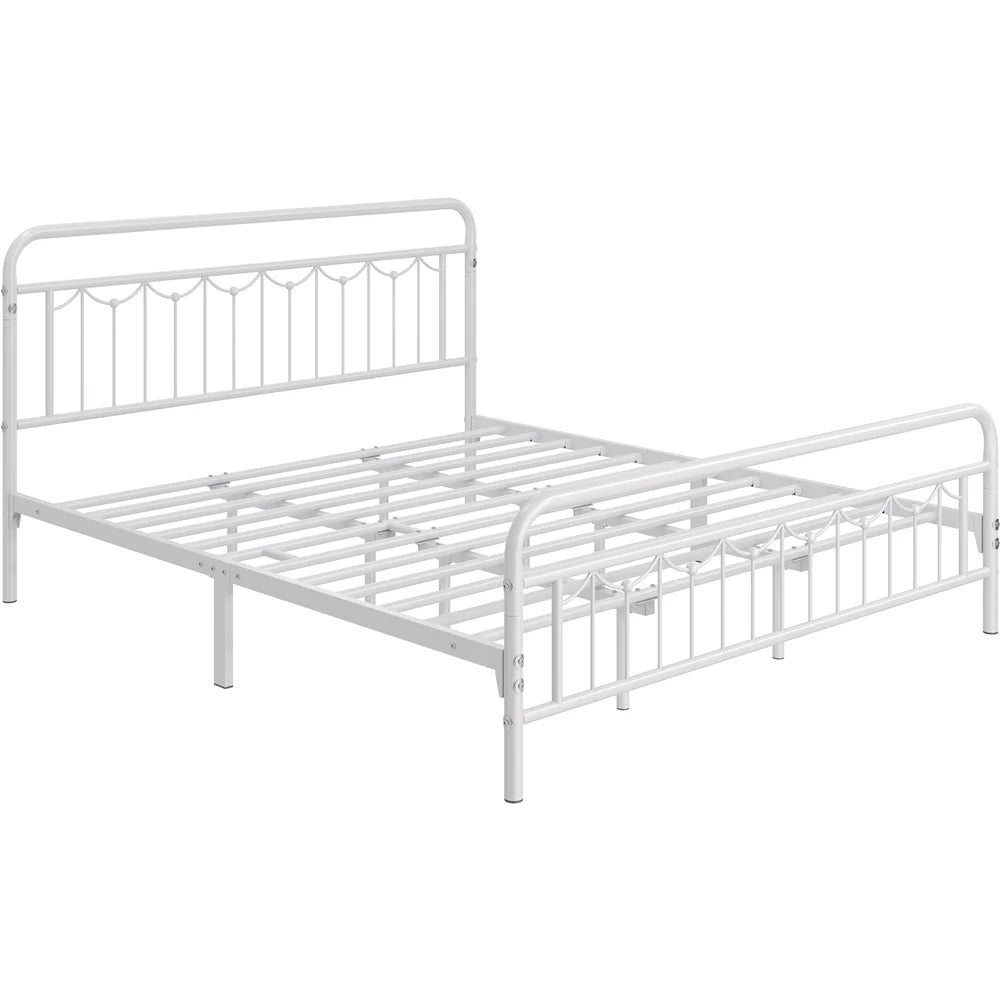 Alden Design Metal Platform Bed with Vintage Headboard and Footboard, California King Size, White