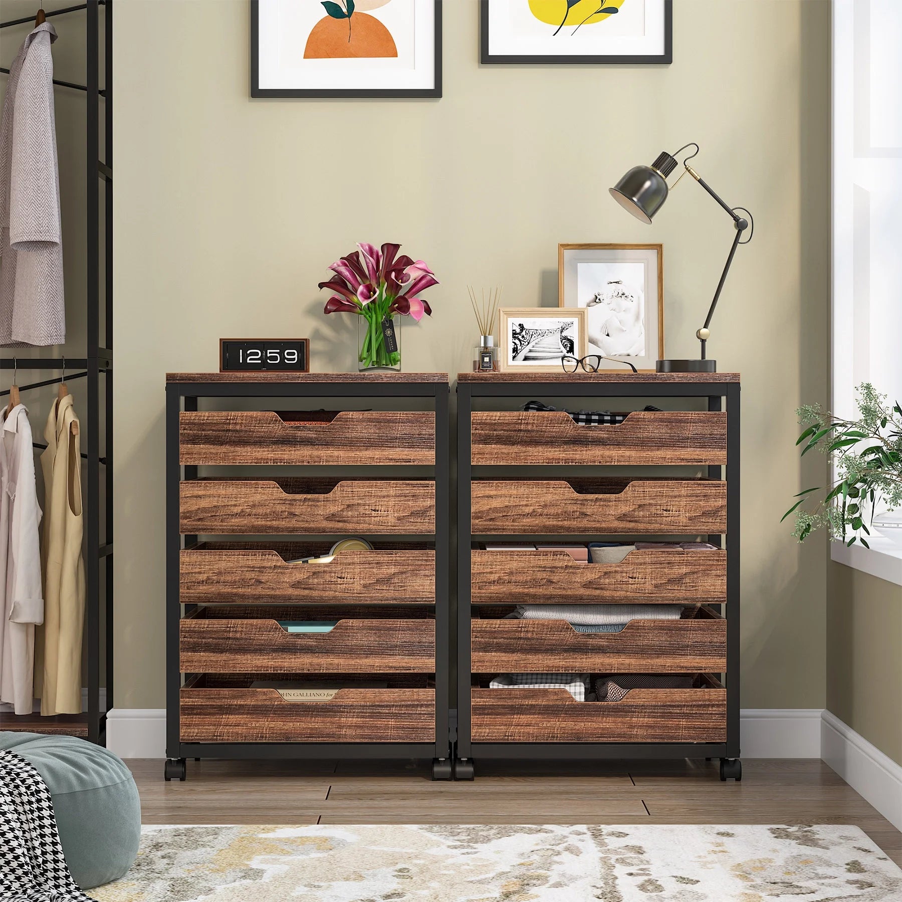 5 Drawer Chest Wood Storage Dresser Cabinet with Wheels Industrial Storage Drawer Organizer Cart