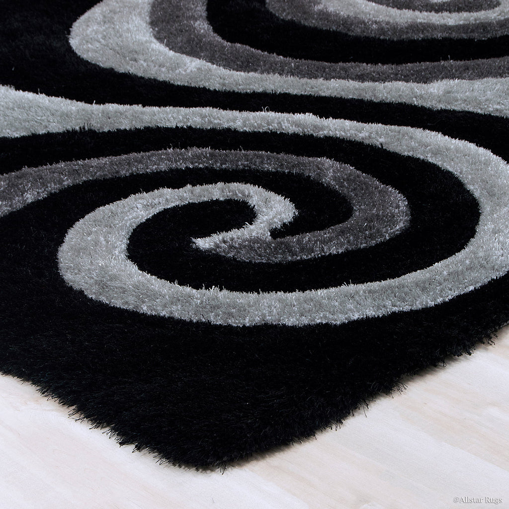 Allstar Grey Shaggy Area Rug with 3D Black Spiral Design. Contemporary Formal Hand Tufted (7' 6" x 10' 5")
