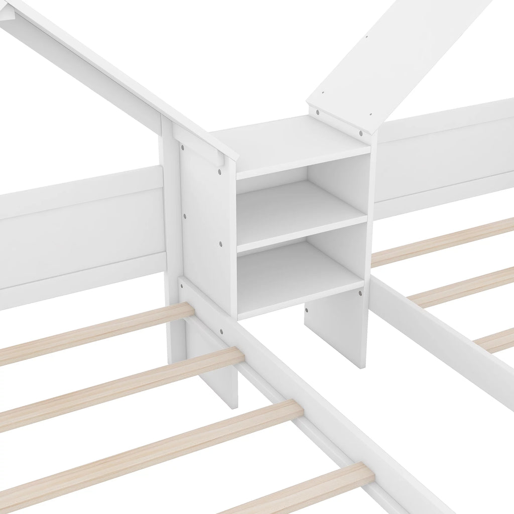 Bed with House-shaped Headboard and a Built-in Nightstand for Teens Double Twin Size, Bed with Pine Wood Fence, Suitable for Young Children, Children, Easy to Assemble(White, Twin)