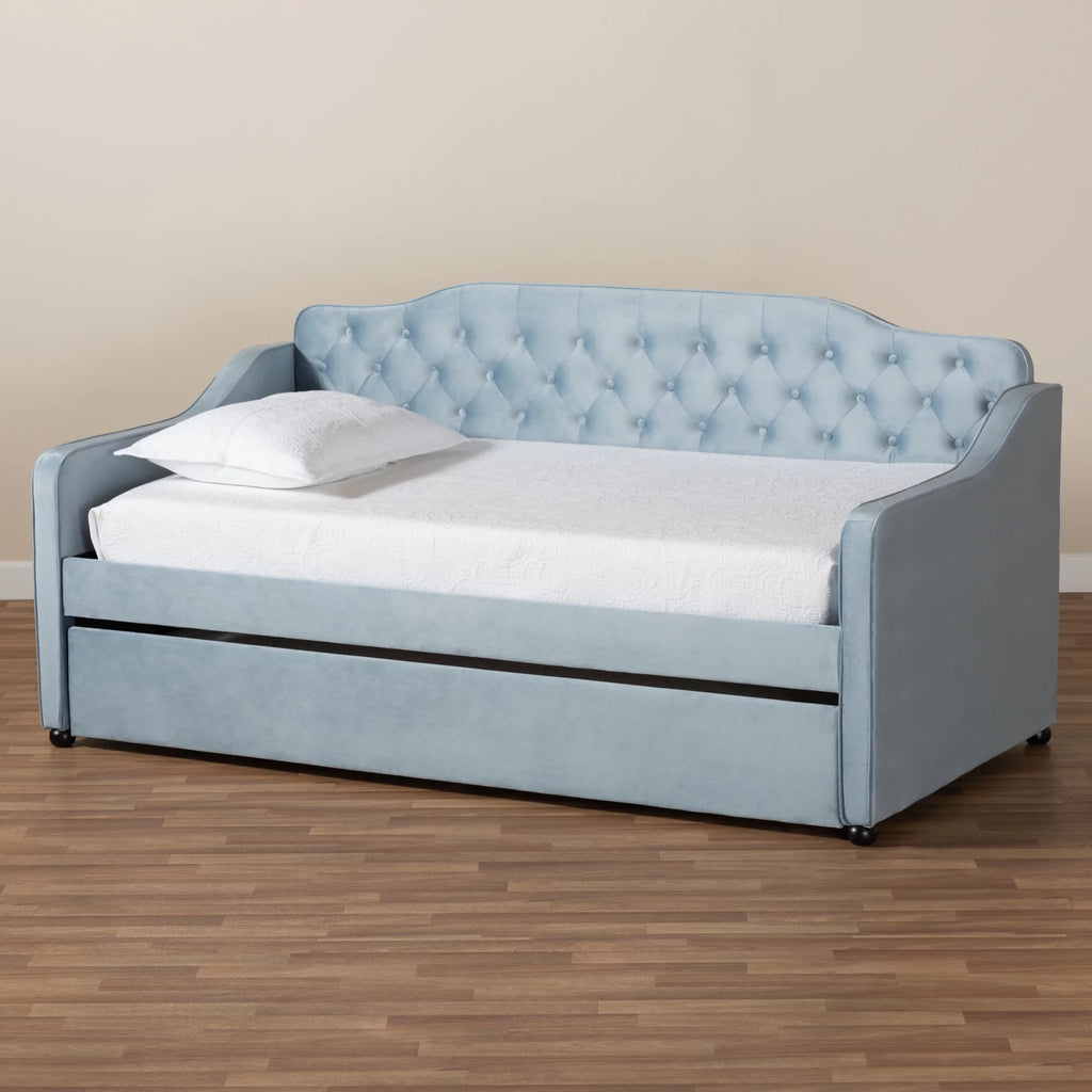 Baxton Studio Freda Transitional and Contemporary Light Blue Velvet Upholstered and Button Tufted Twin Size Daybed with Trundle