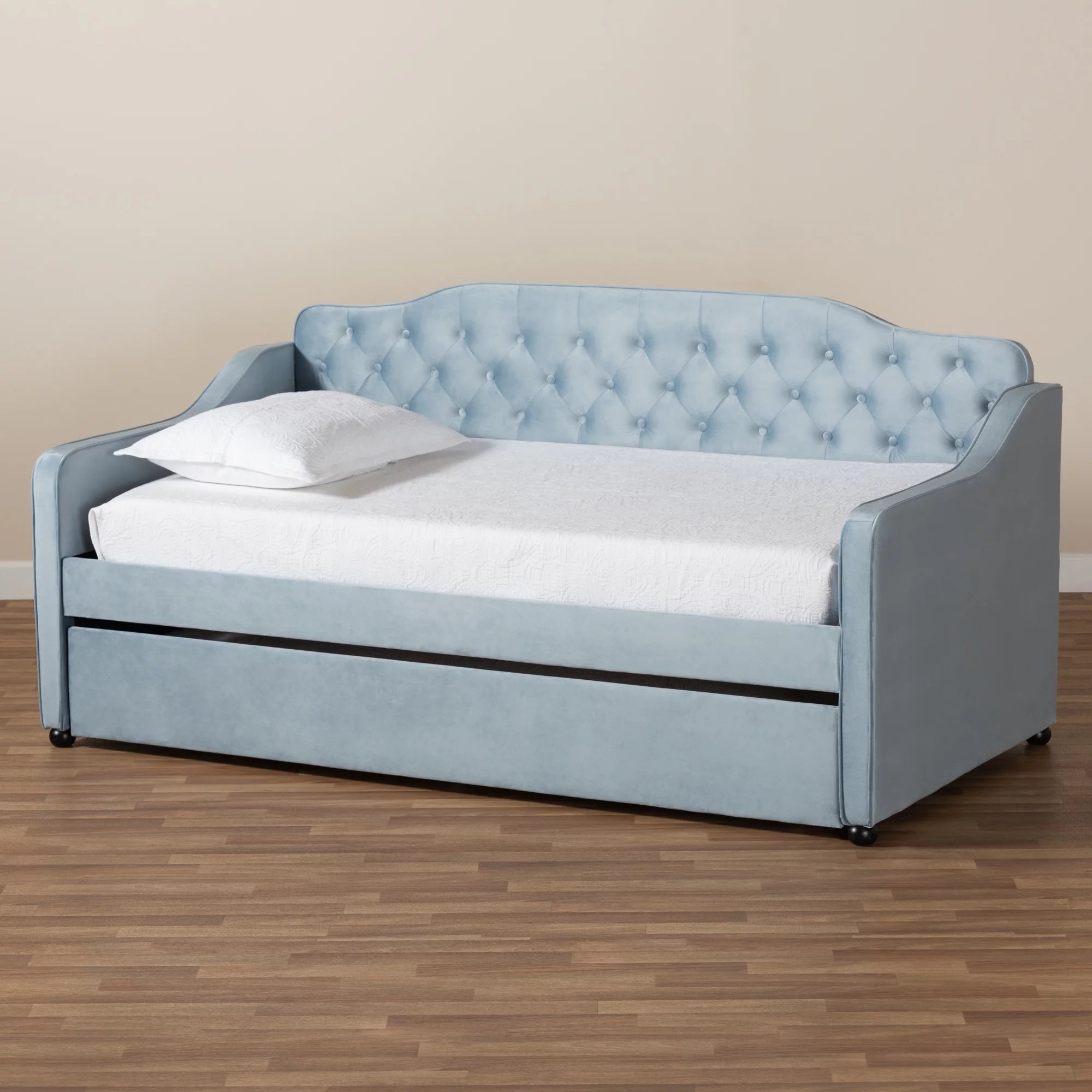 Baxton Studio Freda Transitional and Contemporary Light Blue Velvet Upholstered and Button Tufted Twin Size Daybed with Trundle