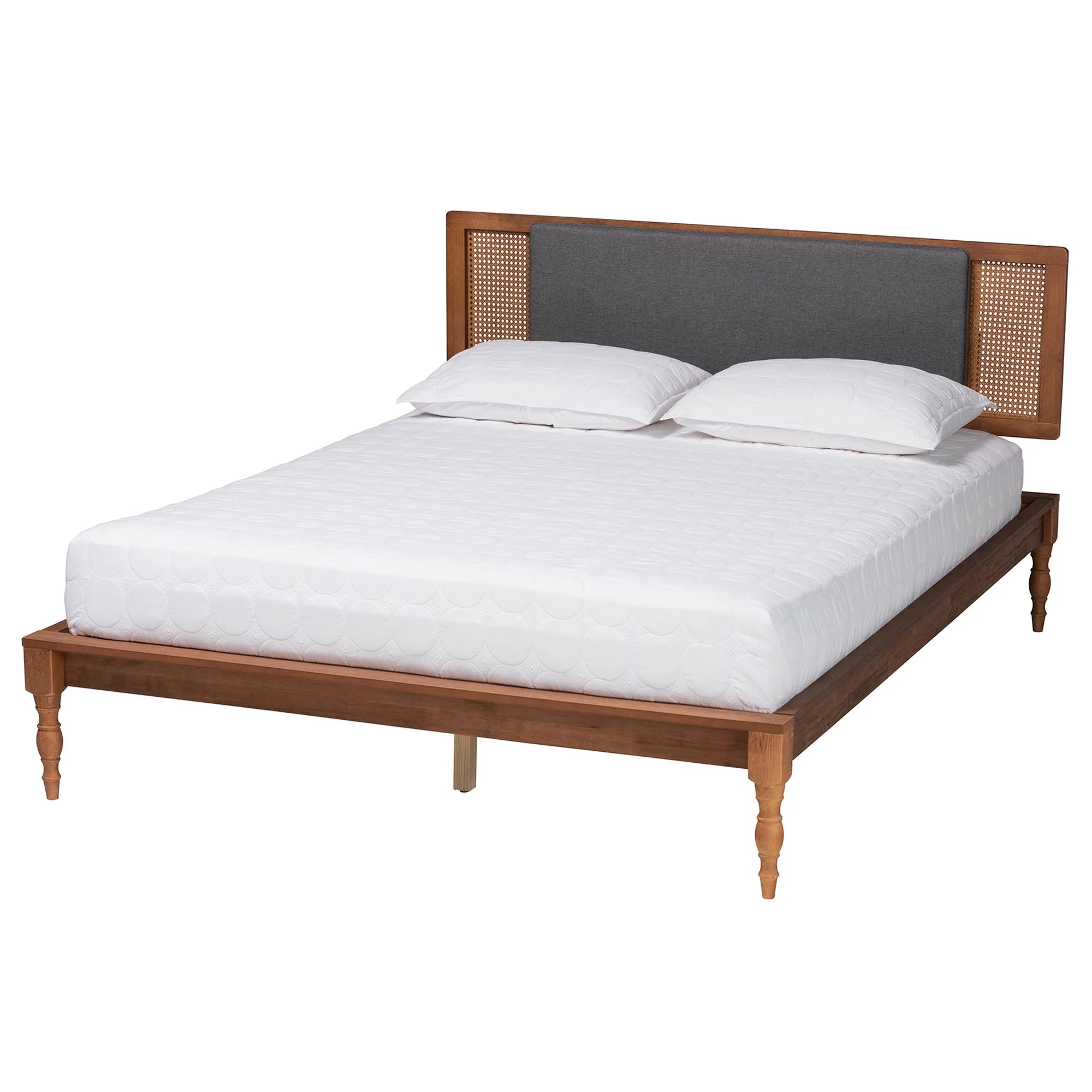 Baxton Studio Eliseo Mid-Century Modern Dark Grey Fabric and Walnut Brown Finished Wood Queen Size Platform Bed