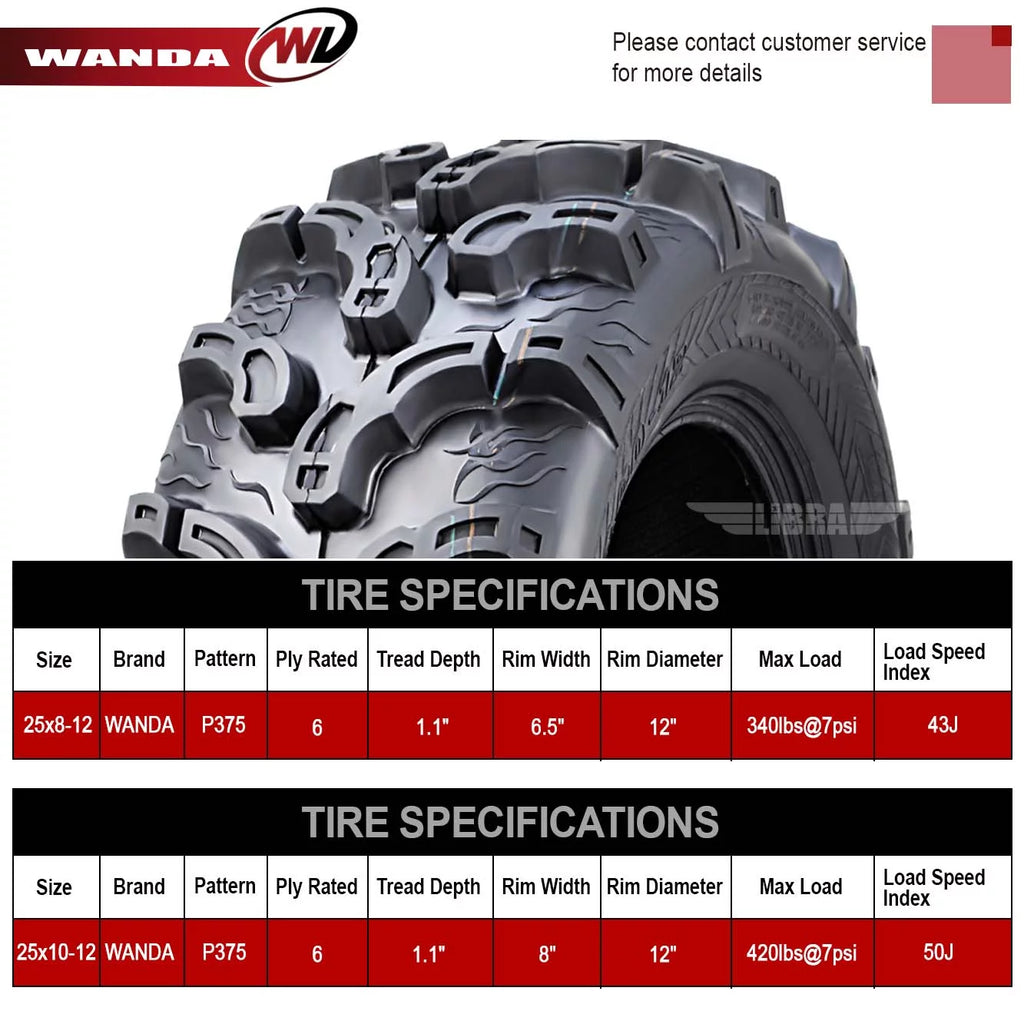 (4) WANDA 25X8X12 25X10X12 fit 05-13 Yamaha RHINO 450 660 700 ATV Tire Set Super Mud
