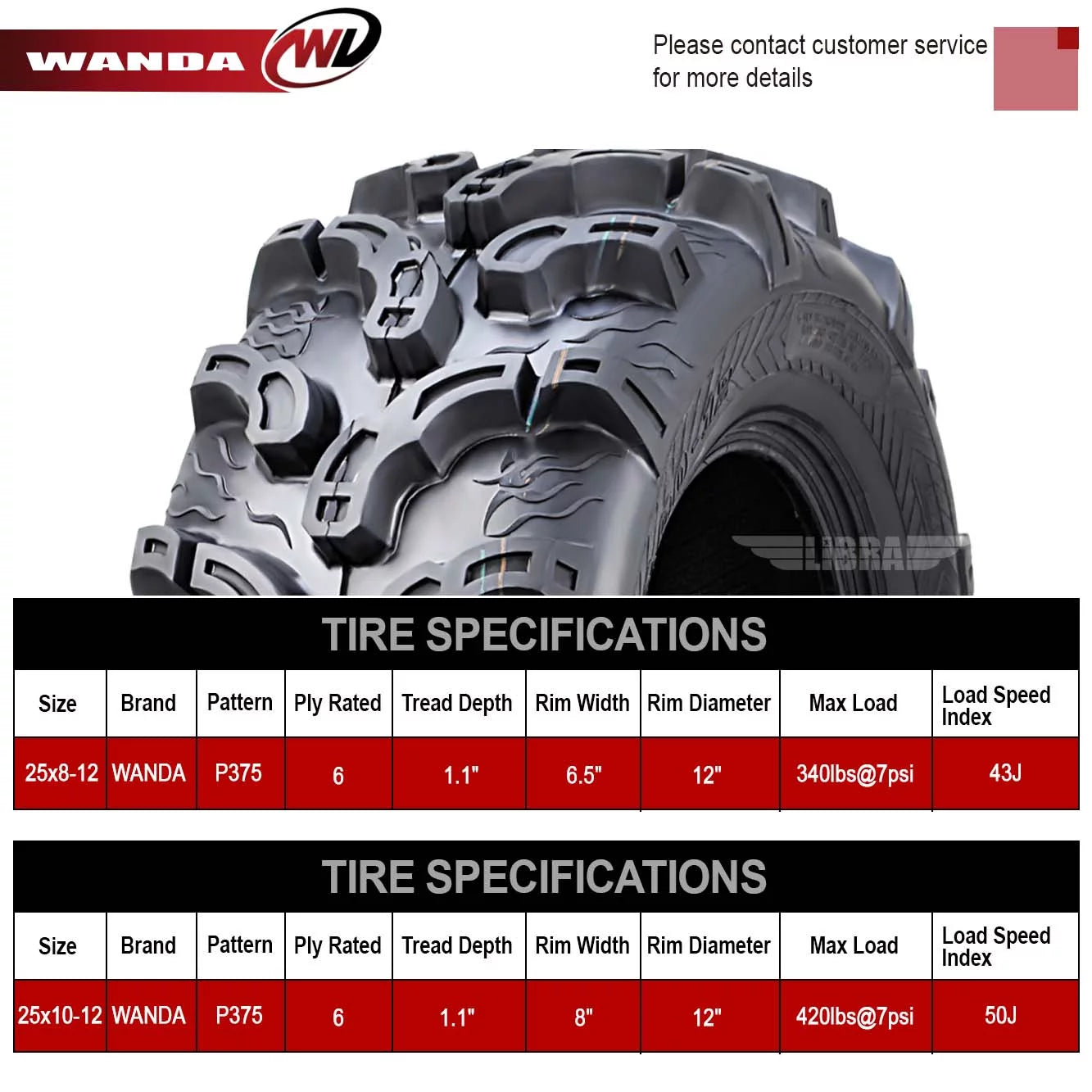 (4) WANDA 25X8X12 25X10X12 fit 05-13 Yamaha RHINO 450 660 700 ATV Tire Set Super Mud
