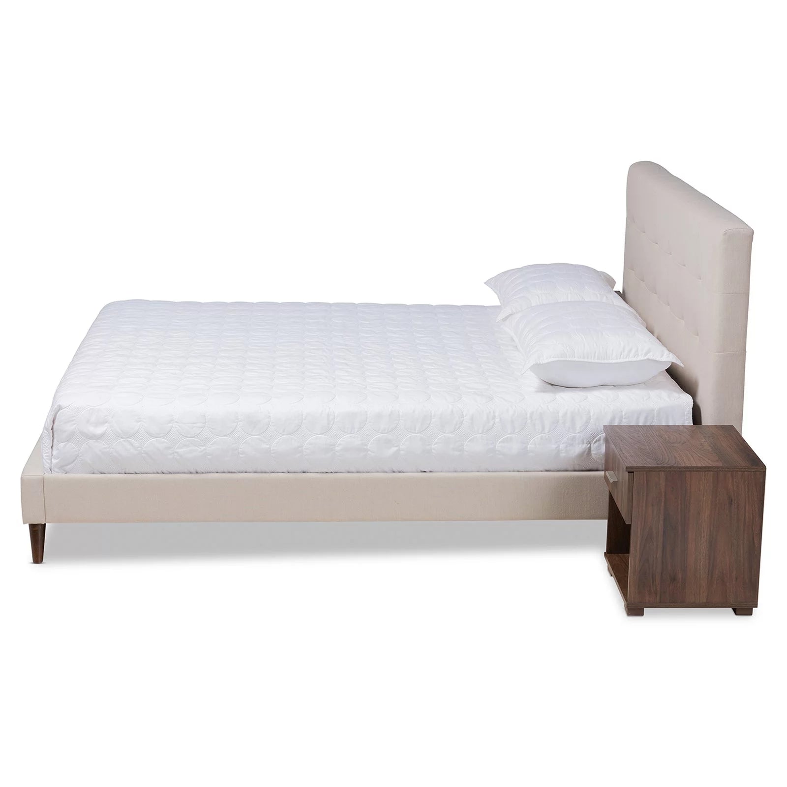 Baxton Studio Maren Mid-Century Modern Light Grey Fabric Upholstered Queen Size Platform Bed with Two Nightstands