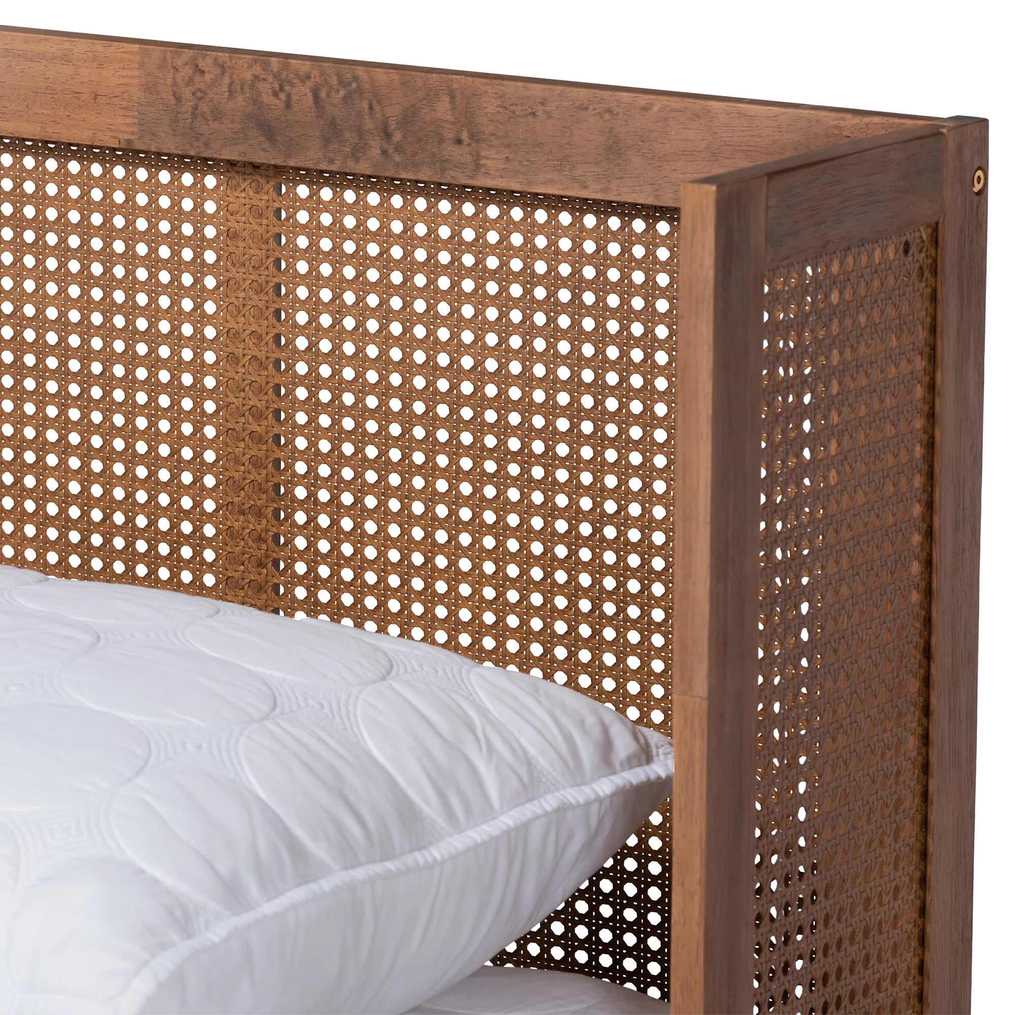 Baxton Studio Rina MidCentury Modern Ash Wanut Finished Wood and Synthetic Rattan Full Size Platform Bed with WrapAround Headboard