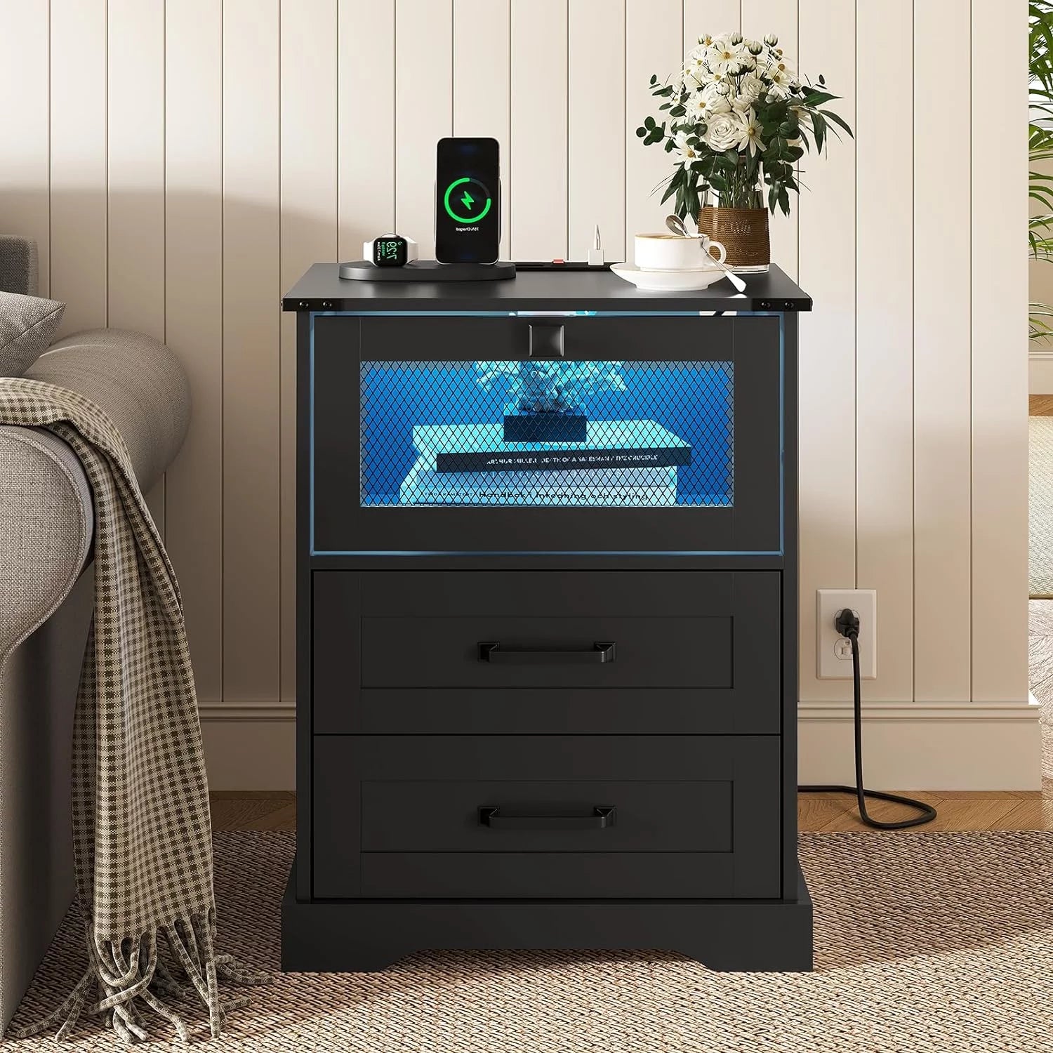 2 Drawers Nightstand with LED Light and Plug Charging Station, Farmhouse End Side Table with 2 Drawers and Open Cubby, Bedside Table for Bedroom,Black