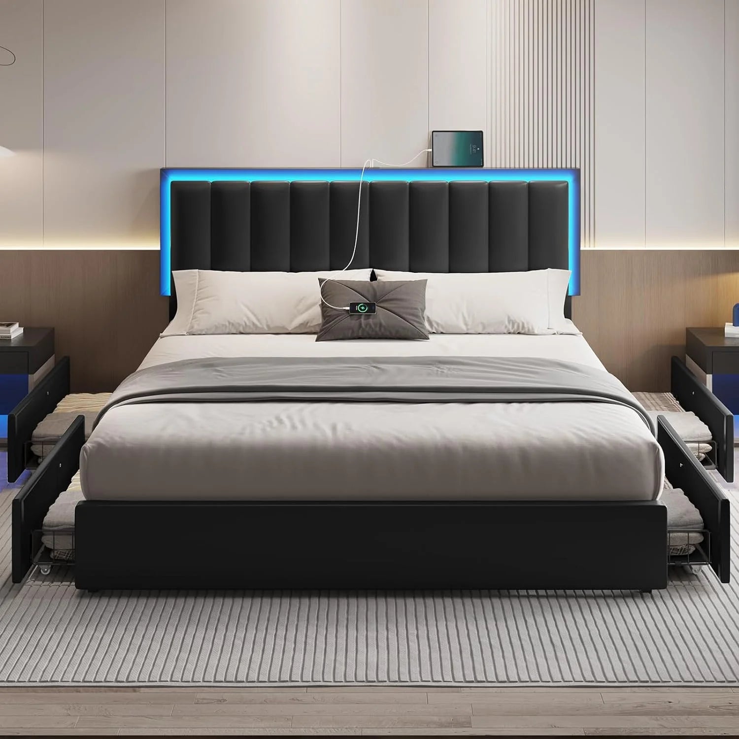 Afuhokles King Size LED Bed Frame with 4 Storage Drawers and USB and Type-C Ports, Upholstered Platform Bed Frame with Headboard, Black