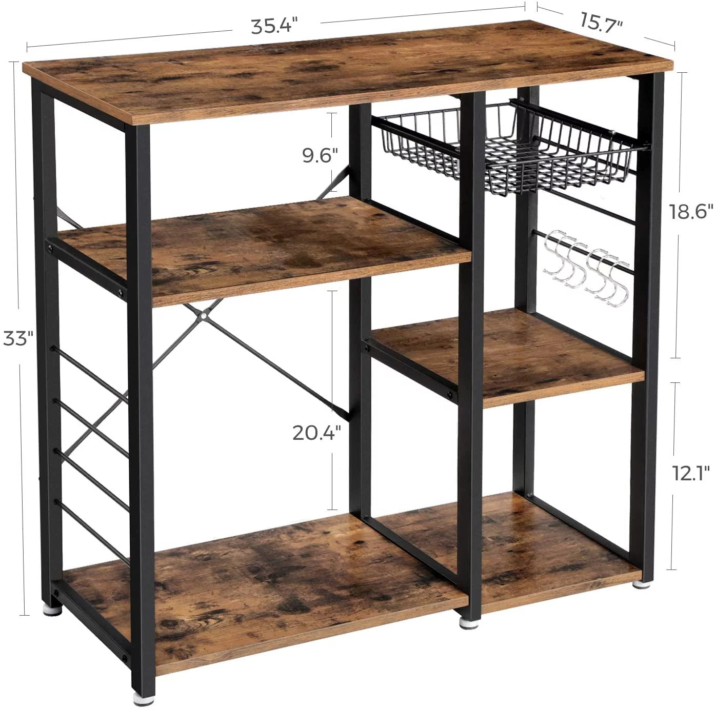 35" Industrial Kitchen Baker's Rack, Coffee Bar, Microwave Oven Stand Metal Frame, Wire Basket 6 Hooks Mini Oven