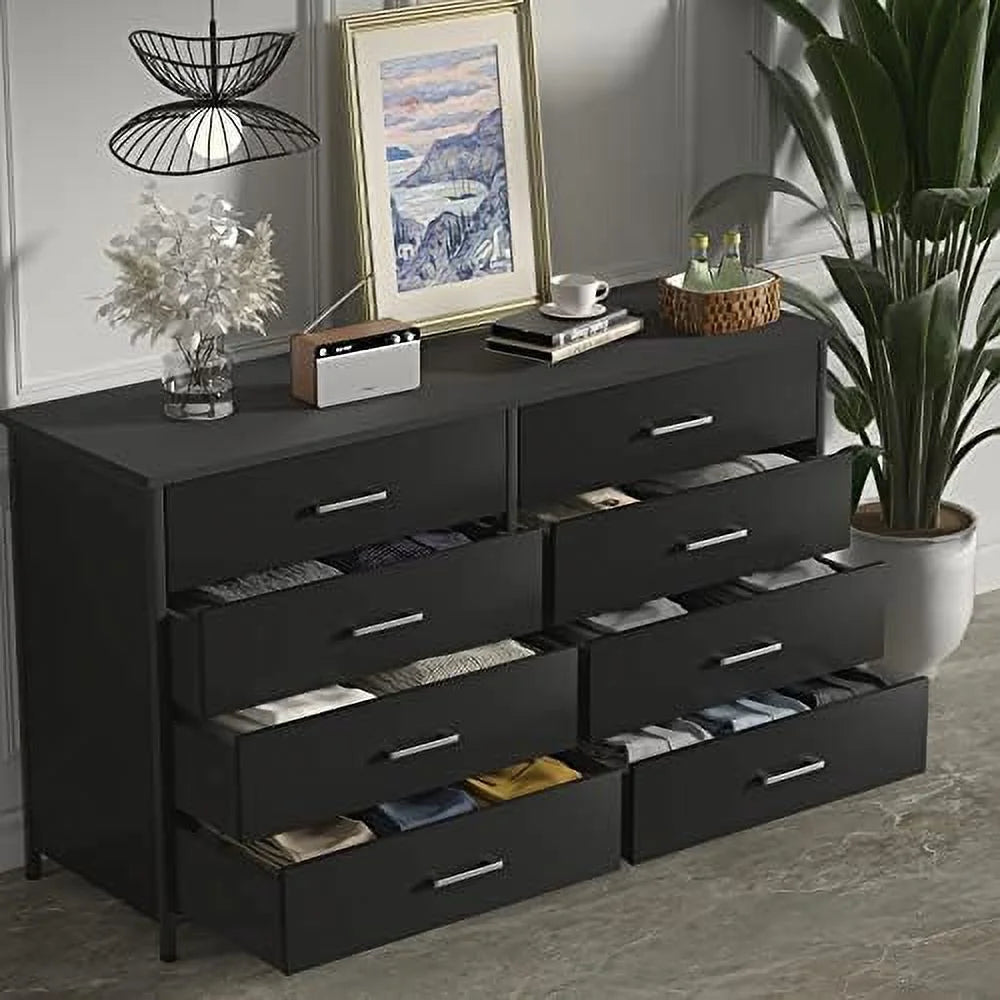 8 Drawer Dresser for Bedroom  Industrial Wood Dresser Wide 8 Chest of Drawers  Wooden  Organizer Dresser with Sturdy Steel Frame (Black)