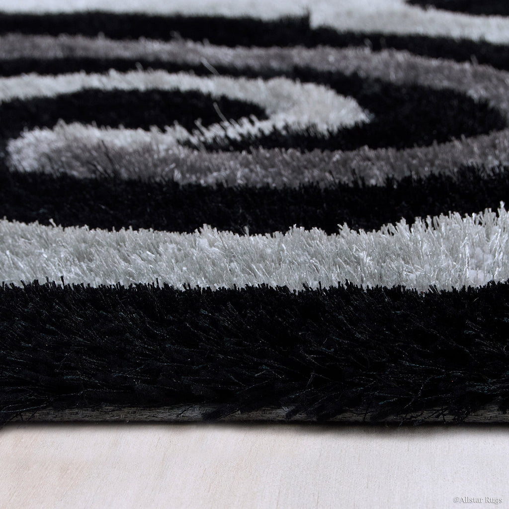 Allstar Grey Shaggy Area Rug with 3D Black Spiral Design. Contemporary Formal Hand Tufted (7' 6" x 10' 5")