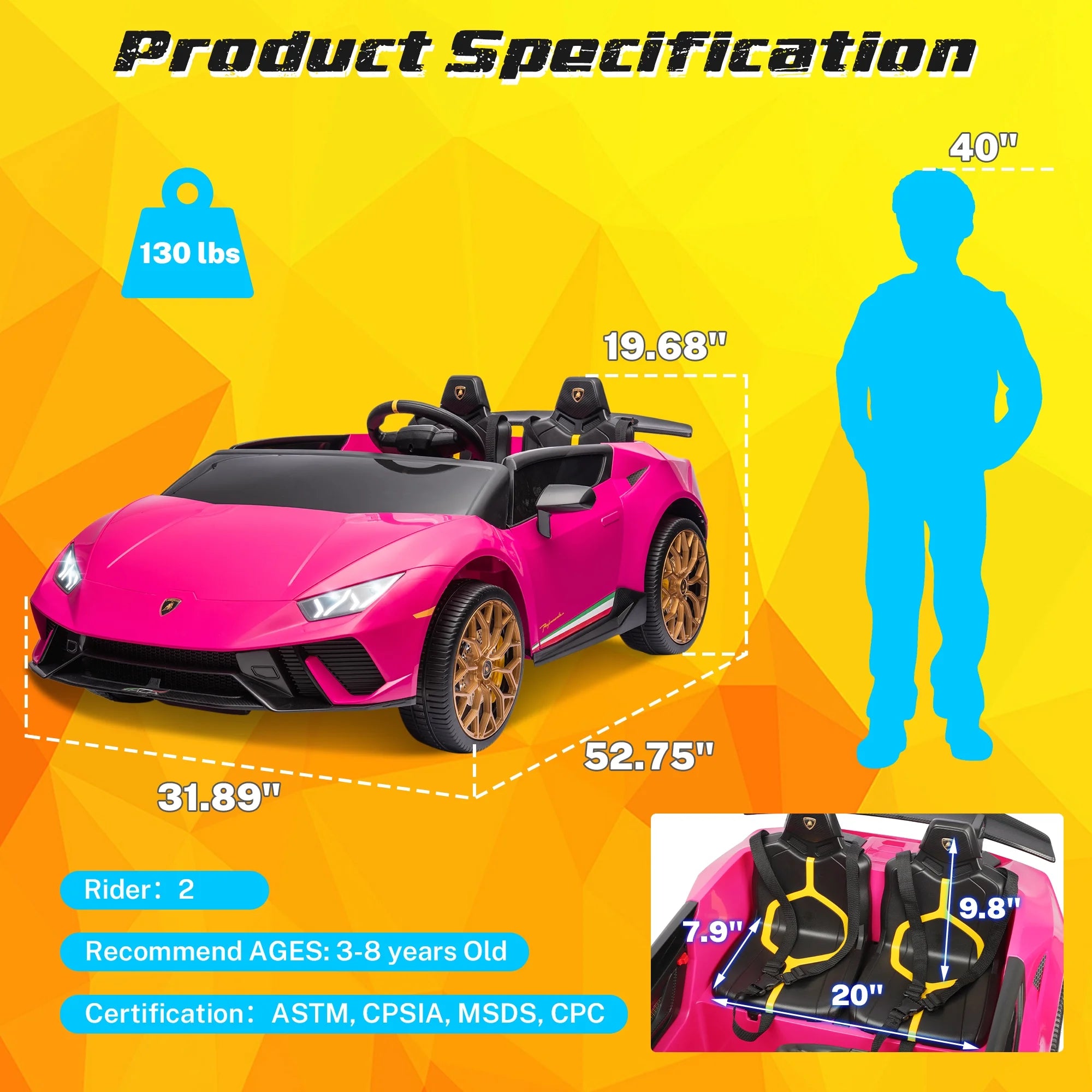 24V Ride on Cars 2 Seater for Kids, Lamborghini Huracan Battery Powered Ride on Toy Sports Car with Remote Control, Electric Car for Girls Boys 3-8 with Music/LED Lights/Bluetooth/4WD, Pink