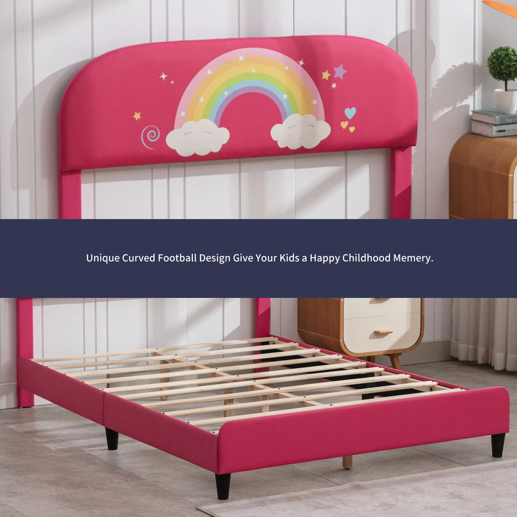 BALUS Kids Upholstered Full Bed Frame, Smooth Curved Headboard, Rainbow Design, Children's Protective, Easy Assembly, Pink