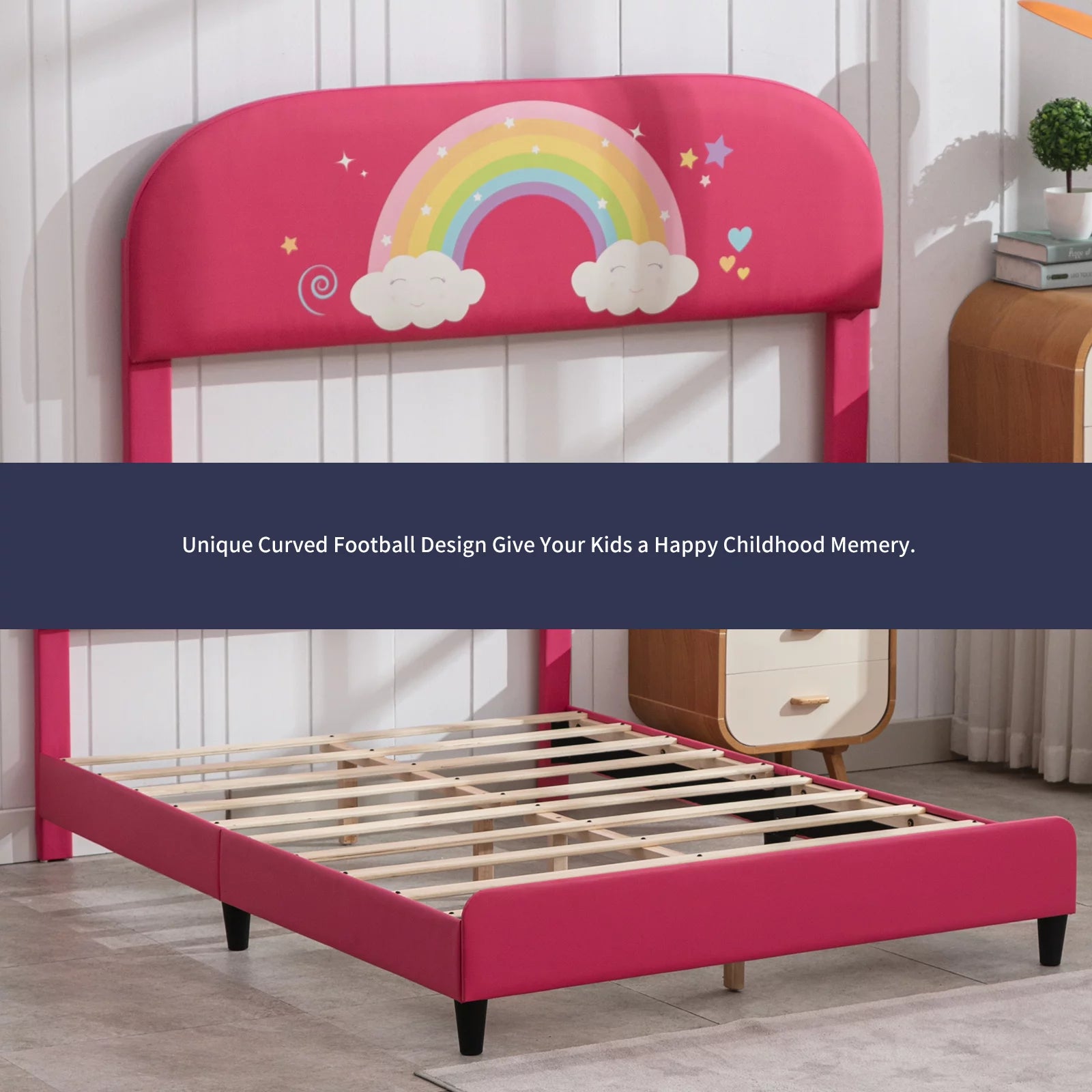 BALUS Kids Upholstered Full Bed Frame, Smooth Curved Headboard, Rainbow Design, Children's Protective, Easy Assembly, Pink