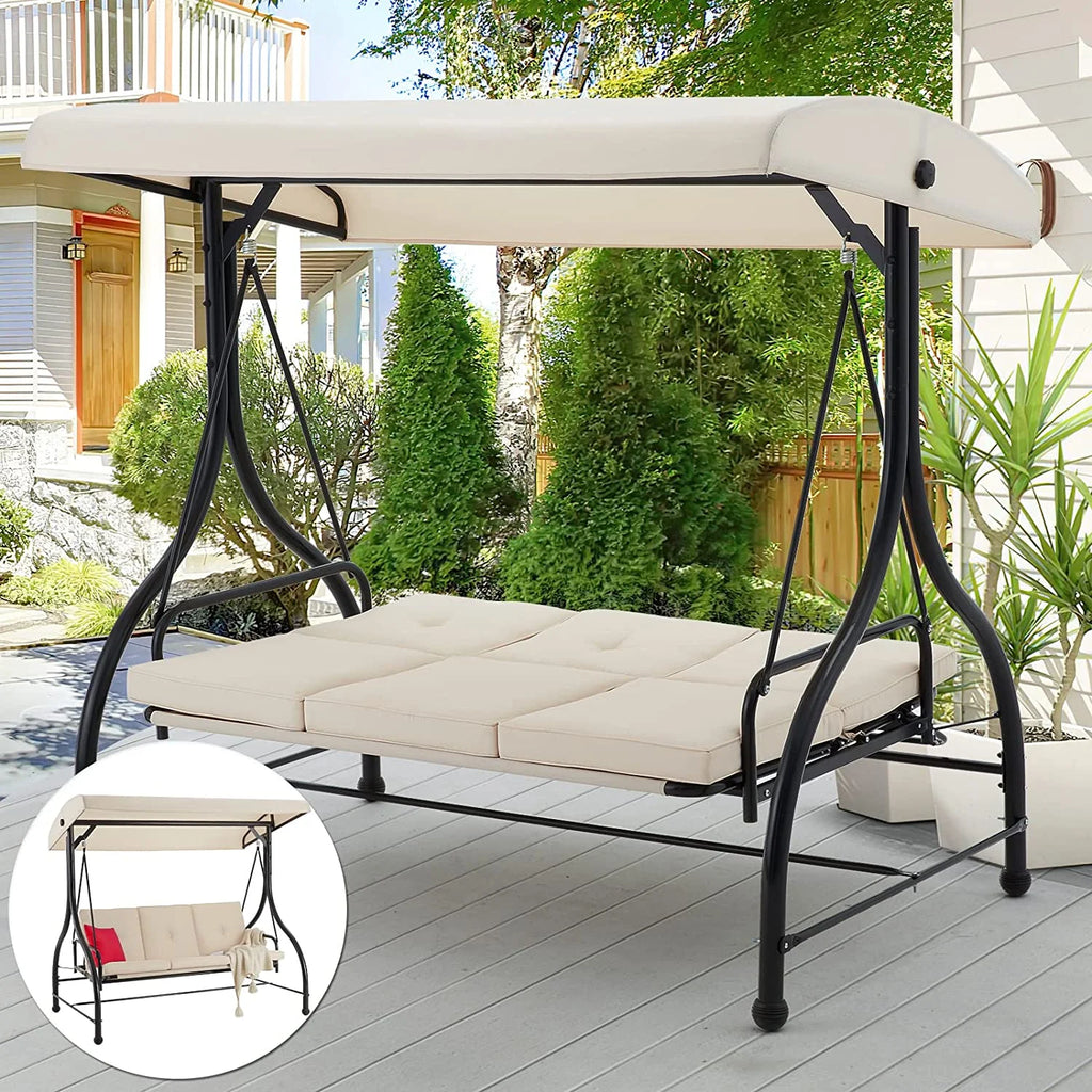 3-Seat Outdoor Porch Swing with Adjustable Backrest and Canopy, w/Removable Cushions Outdoor Swing Bed for Porch, Backyard, Poolside, Beige