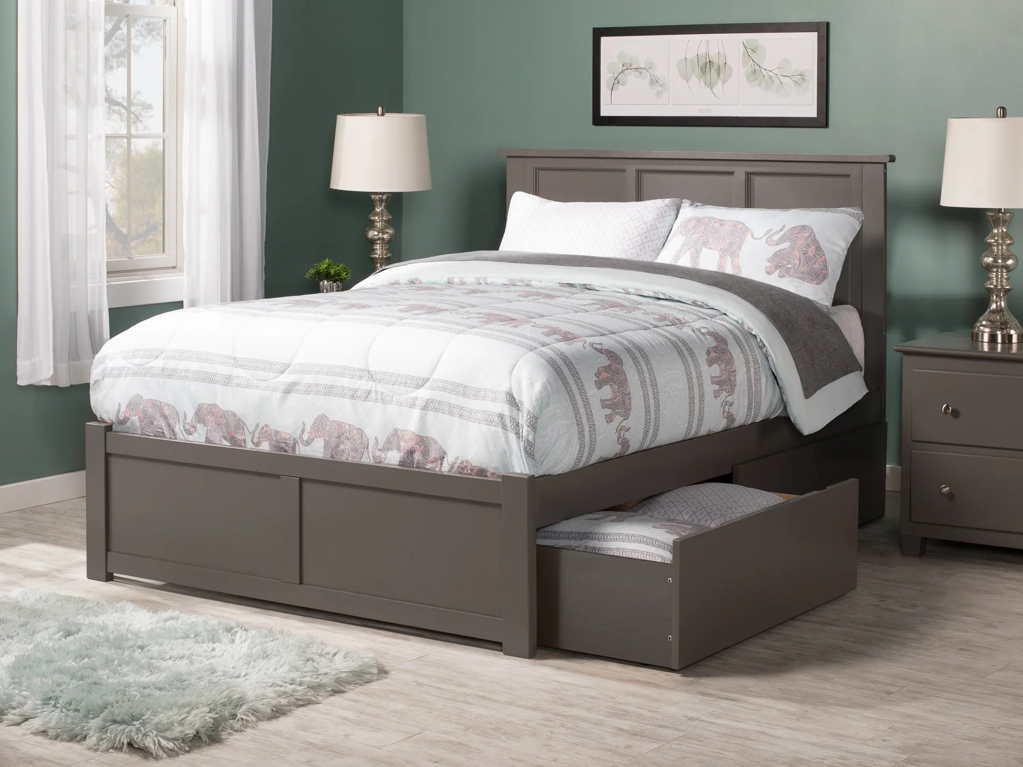 AFI Madison King Solid Wood Platform Bed with Footboard & 2 Storage Drawers in Grey