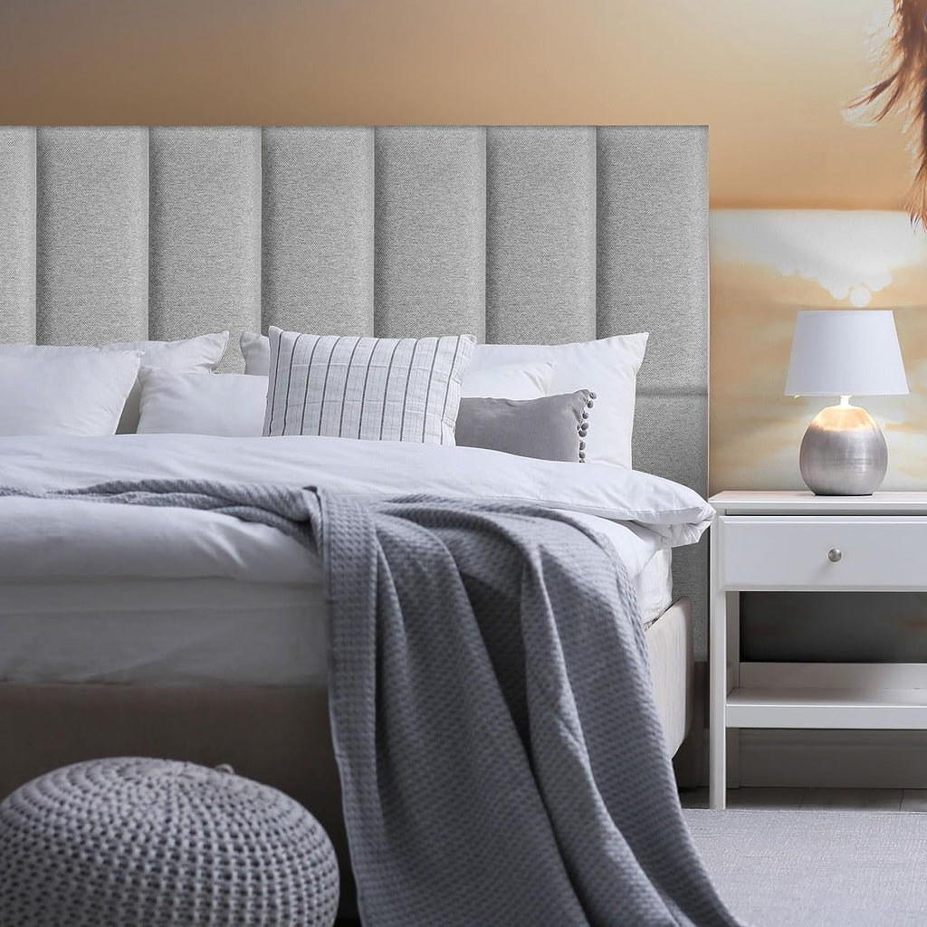 12 Pcs Panels Upholstered Wall Mounted Headboard, 3D Soundproof Wall Panels Peel and Stick Headboards for Queen Size Bed, Sized 10 x 24 Inches, Grey