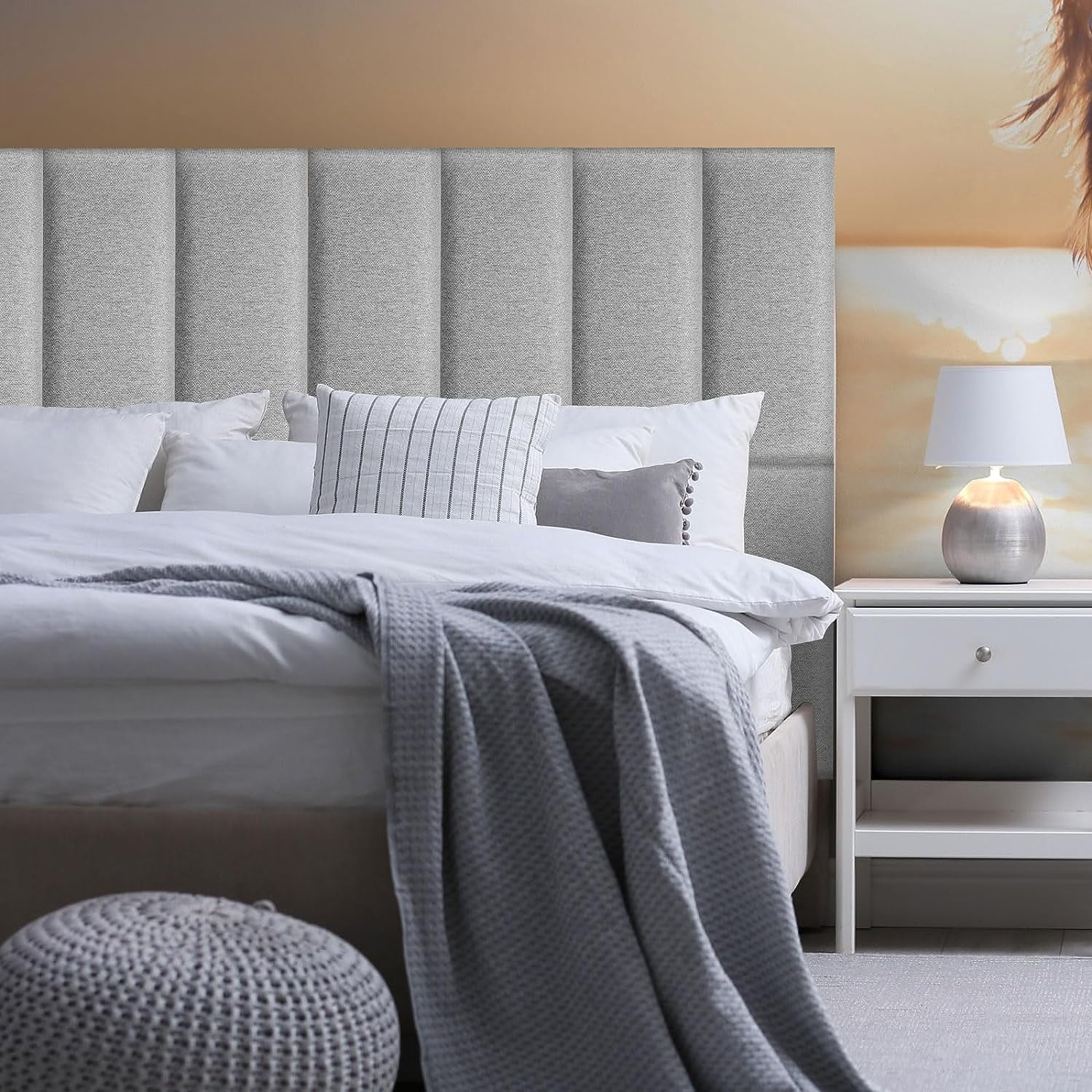 12 Pcs Panels Upholstered Wall Mounted Headboard, 3D Soundproof Wall Panels Peel and Stick Headboards for Queen Size Bed, Sized 10 x 24 Inches, Grey