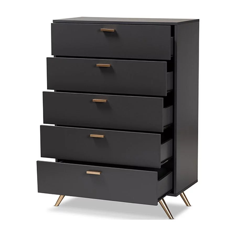Baxton Studio Kelson Modern and Contemporary Dark Grey and Gold Finished Wood 5-Drawer Chest