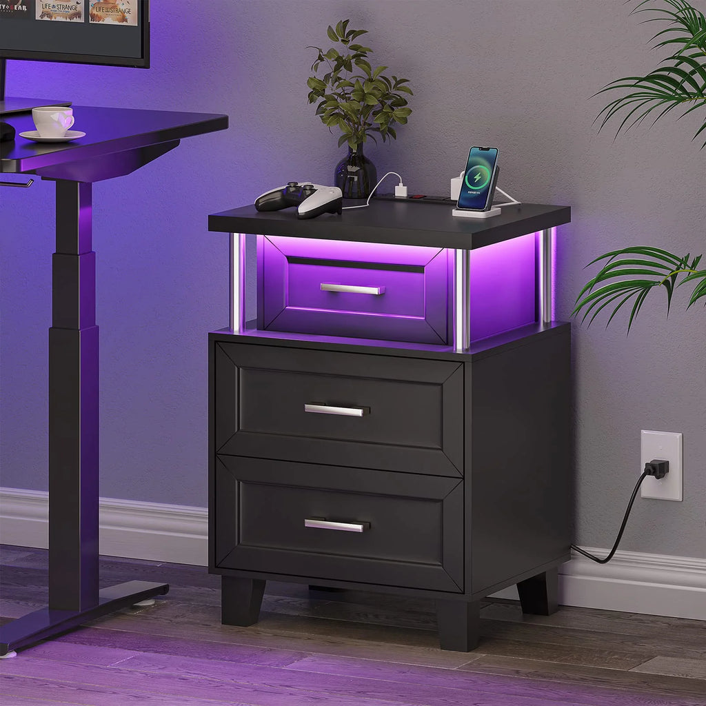 Afuhokles LED Nightstand with Charging Station, RGB Lights Night Stand for Bedroom, Bedside Table End Table with 3 Drawers, Black