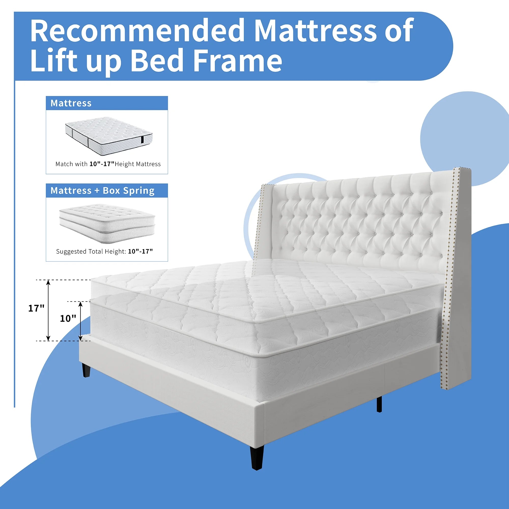 Amerlife Queen Size Nail Button Tufted Wingback Bed Frame, Linen Upholstered Platform Bed with 56" High Wingback Headboard, No Box Spring Needed, White