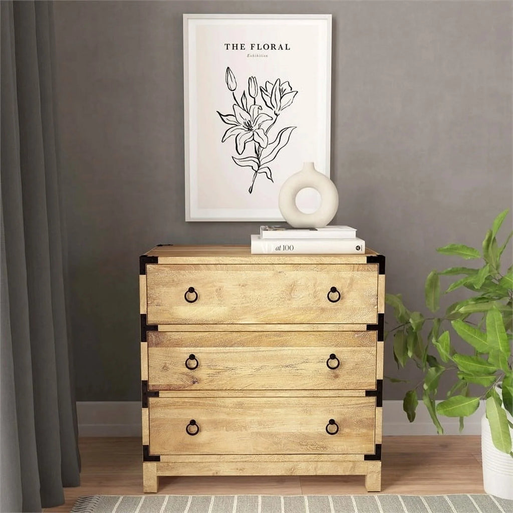 Beaumont Lane 3-Drawer Transitional Wood Campaign Chest in Natural/Dark Bronze
