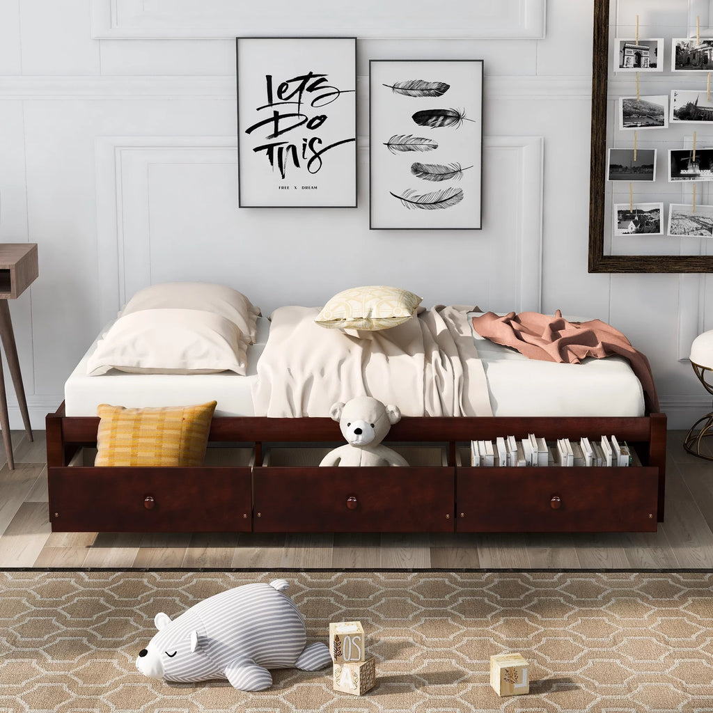 Bellemave Twin Size Platform Bed with Storage Drawers Twin Size Storage Bed with Wooden Slats Space Saving Wood Bed Frame for Kids Teens No Box Spring Needed, Cherry Brown