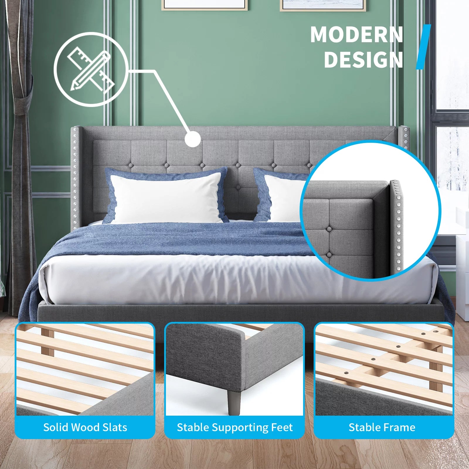 BALUS Full Bed Frame with Upholstered Headboard, Linen Fabrics, Metal Frame and Wood Slats Support, Madison Bed with Classic Modern Design, Easy Assembly, No Box Spring, Dark Gray