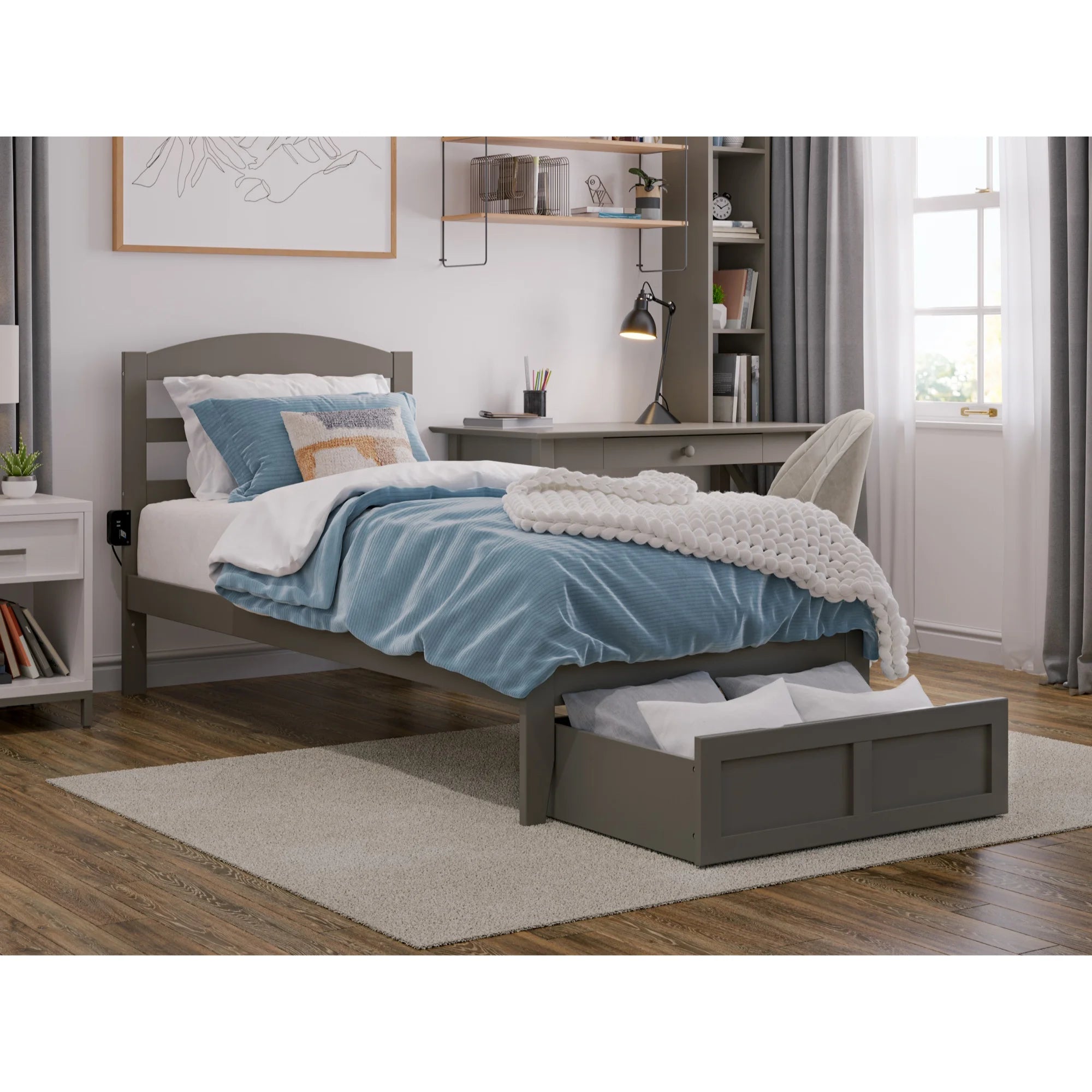 AFI Warren Solid Wood Traditional Twin Bed w/ Drawer in Gray
