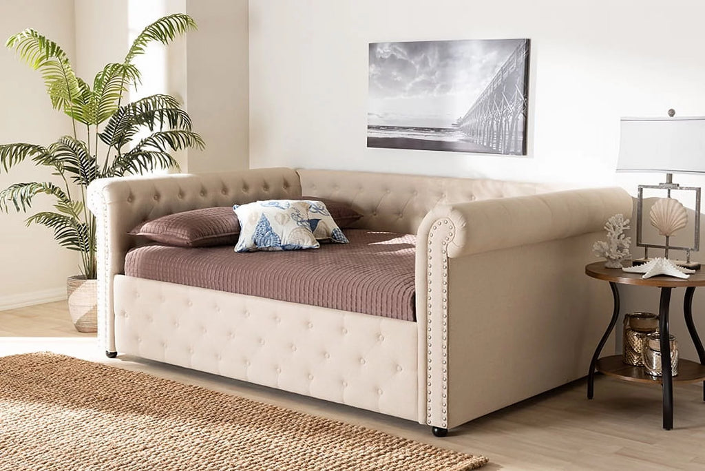 Baxton Studio Mabelle Mid-Century Tufted Fabric and Wood Queen Daybed in Beige