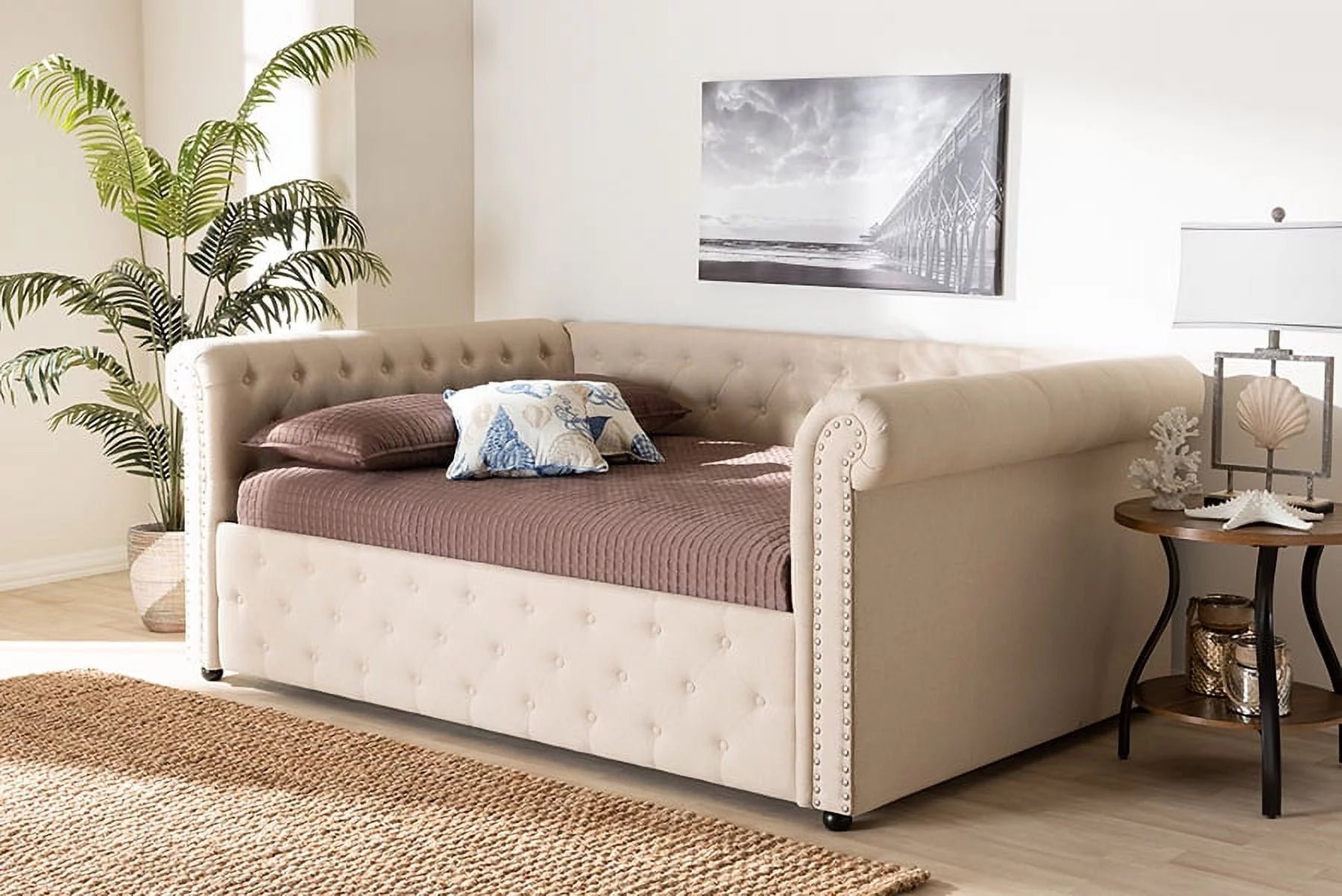 Baxton Studio Mabelle Mid-Century Tufted Fabric and Wood Queen Daybed in Beige