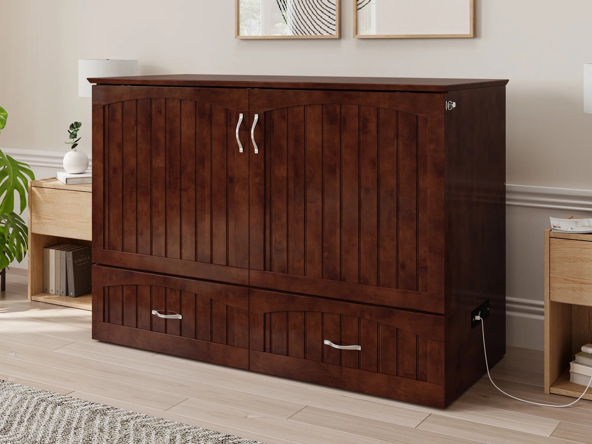 AFI Southampton Full Wood Murphy Bed Chest with Mattress, Drawer & Charger in Walnut