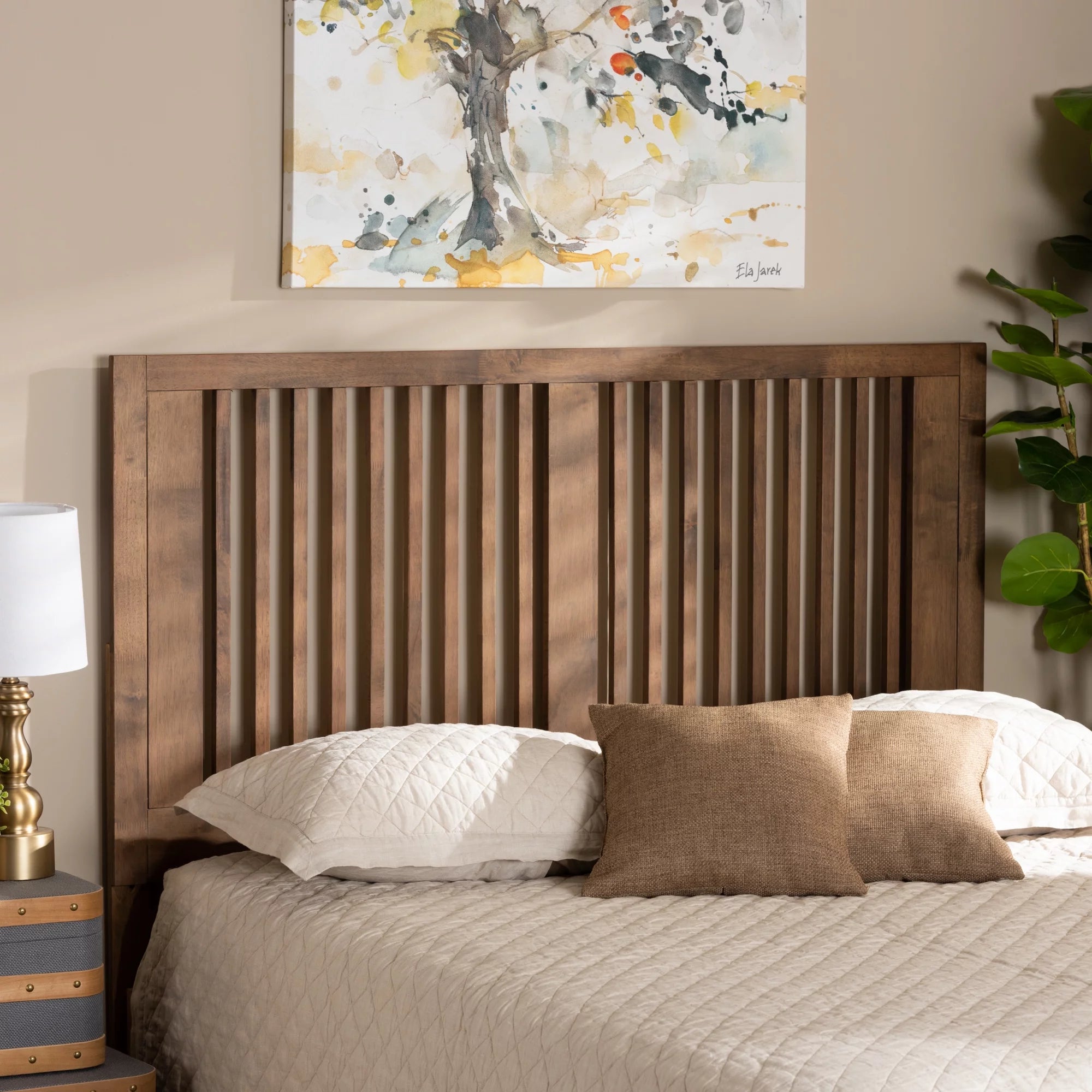 Baxton Studio Harena Contemporary/Modern Slat Back Support Rubberwood Headboard, King, Ash Walnut