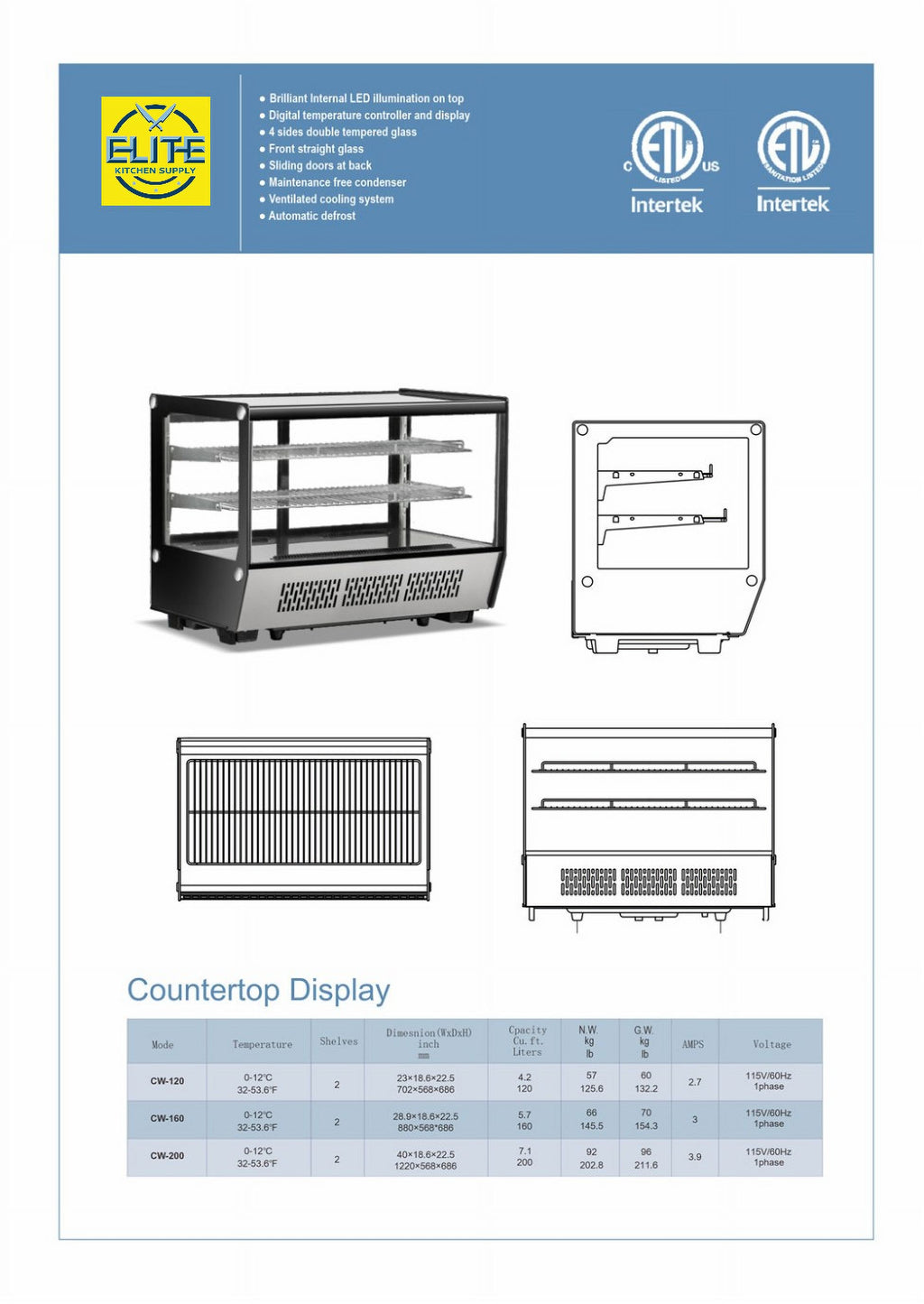 23 in. 4.2 Cu.Ft Countertop Refrigerator, Bakery Display Case, Commercial Refrigerator 23''x18.6''x22.5''