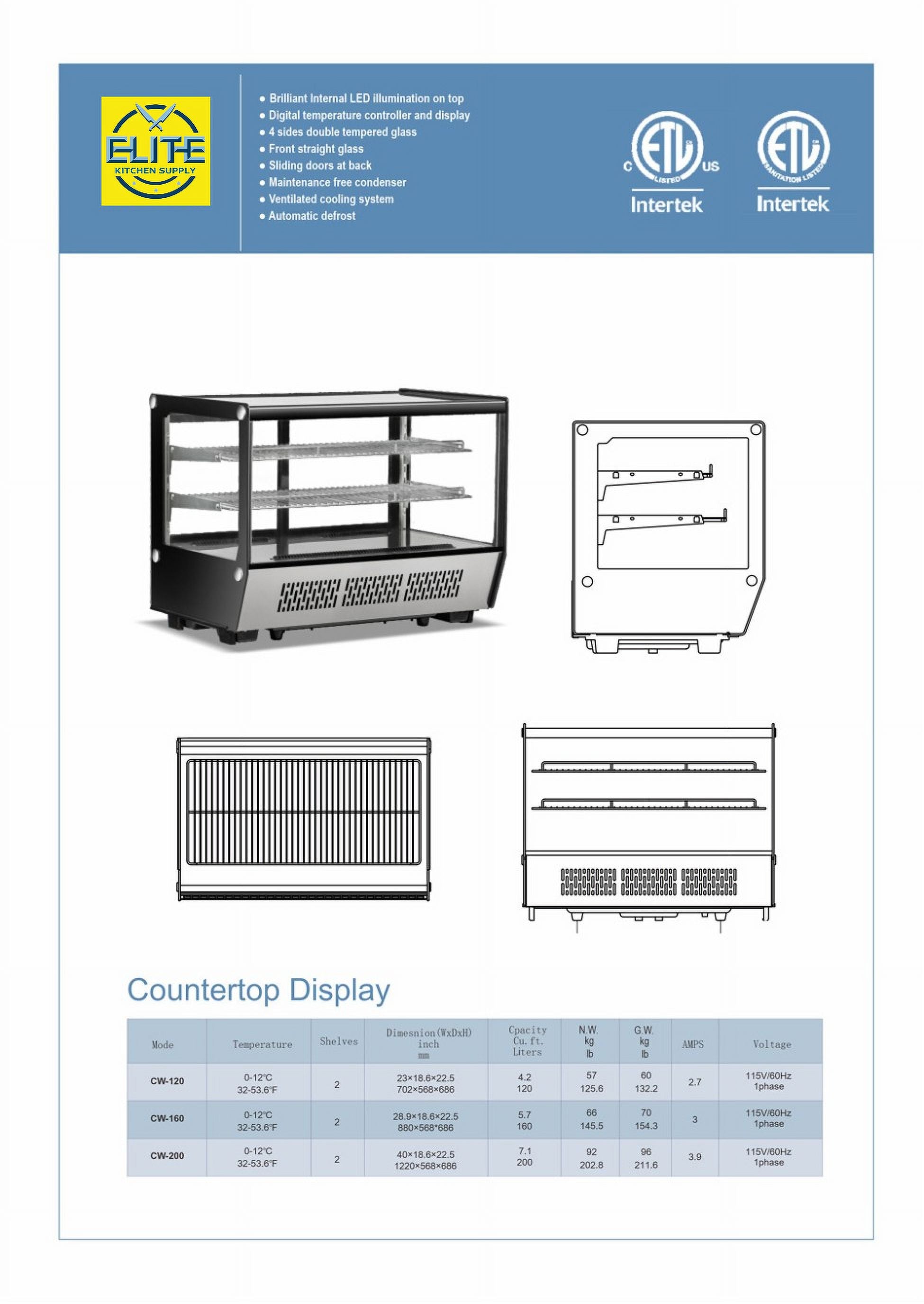 23 in. 4.2 Cu.Ft Countertop Refrigerator, Bakery Display Case, Commercial Refrigerator 23''x18.6''x22.5''