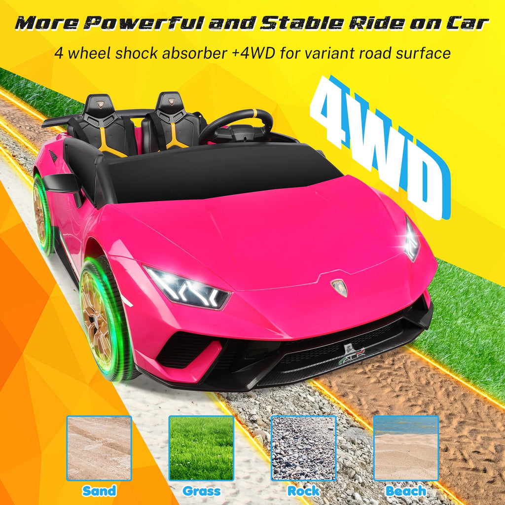 24V Ride on Cars 2 Seater for Kids, Lamborghini Huracan Battery Powered Ride on Toy Sports Car with Remote Control, Electric Car for Girls Boys 3-8 with Music/LED Lights/Bluetooth/4WD, Pink