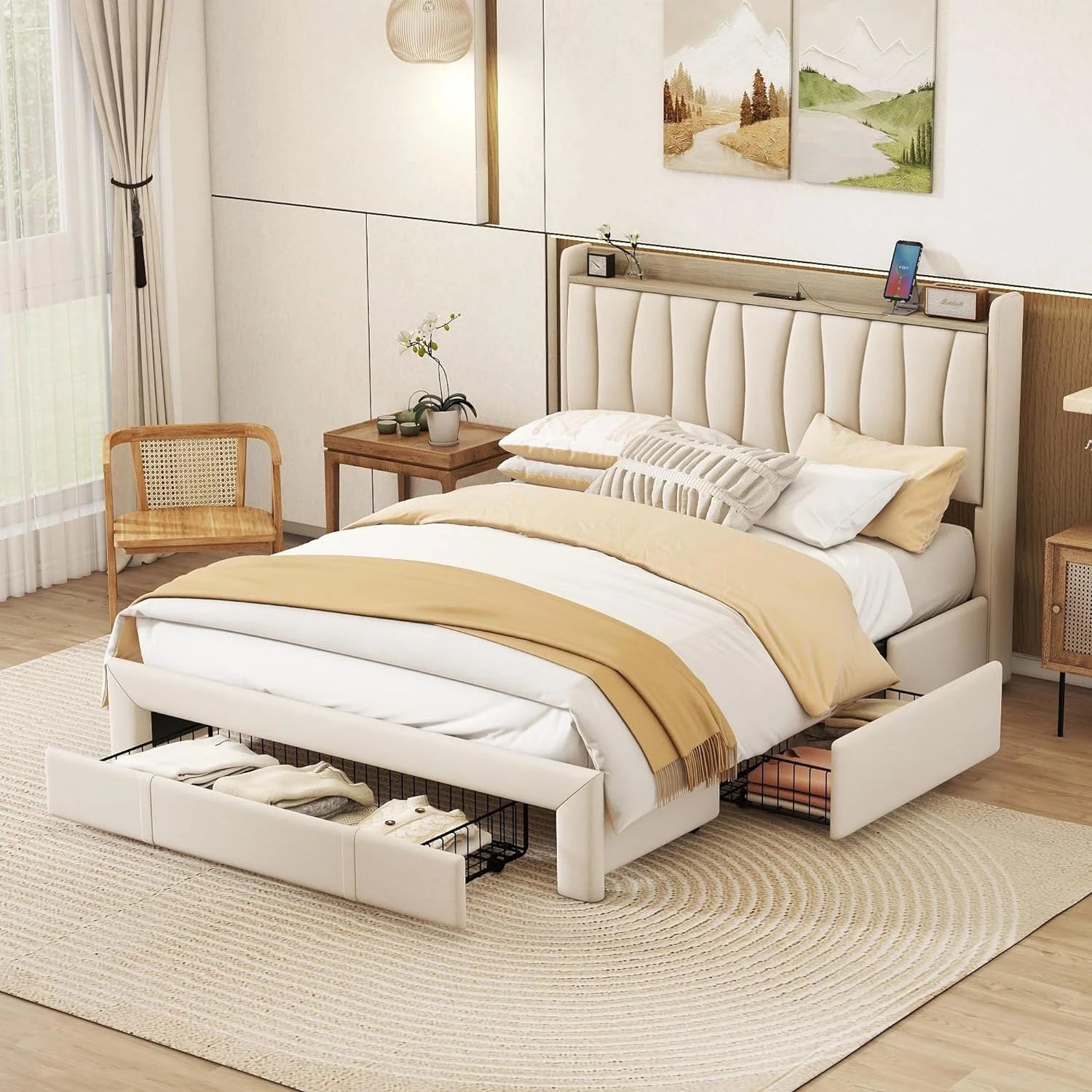 Bed With Storage, Wood Platform Bed Frame With 3 Drawers, Kids Bed With Wood Slat Support, o Box Sprig eeded,Cherry