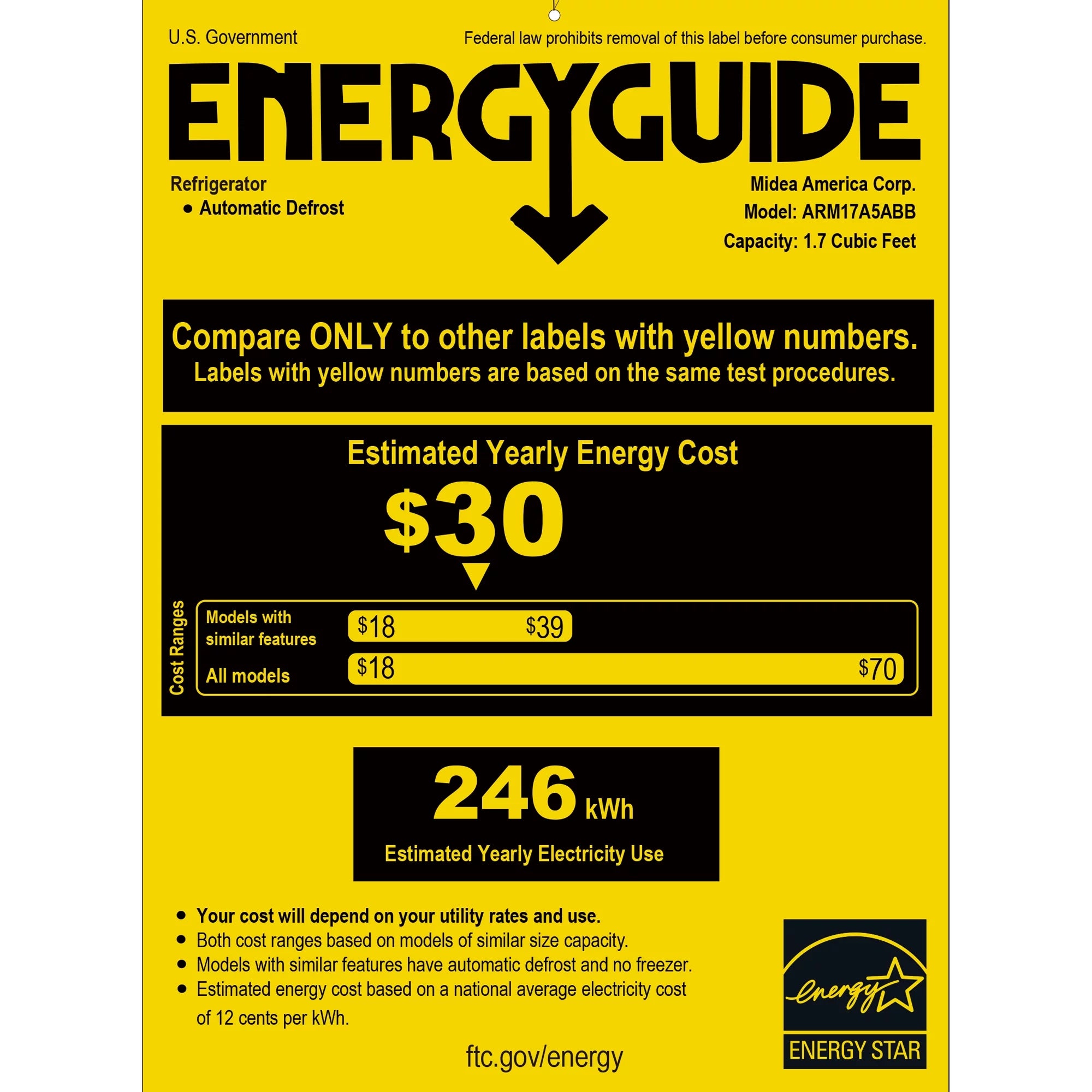 Arctic King 1.7 Cu ft No Freezer Mini Fridge, Black, E-Star, ARM17A5ABB