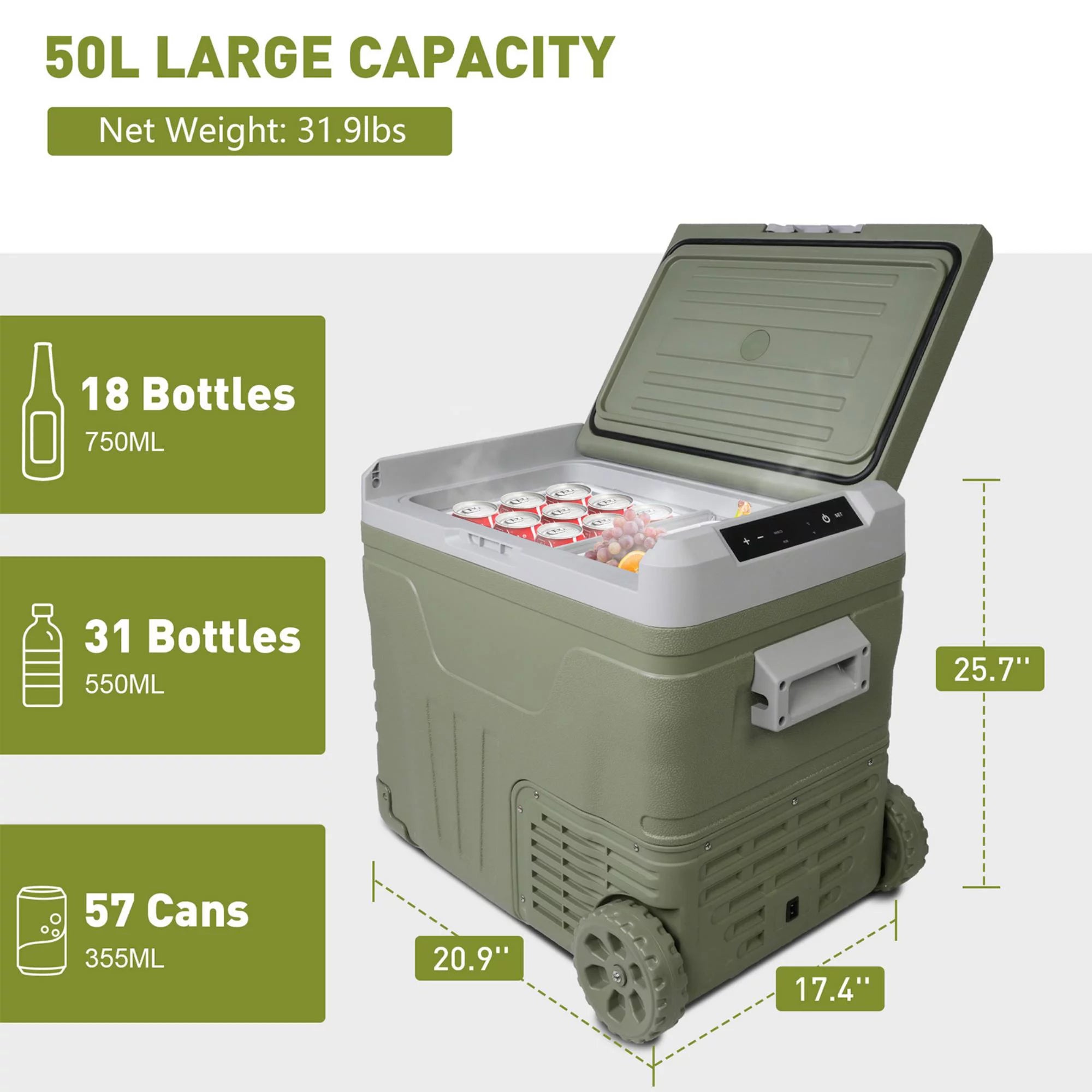 12 Volt Car Refrigerator, 45.4 Quart Portable Freezer Electric Cooler with 12V/24V DC, 100-240V AC, -4°F to 68°F, Compact Compressor for Car, RV, Camping, Travel, Fishing, Outdoor or Home, Green