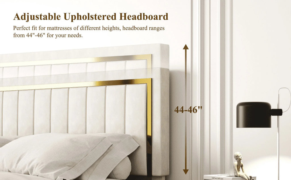 Bed Frame Upholstered Platform with Gold Trim Upholstered and Strong Wooden Slats, Strong Weight Capacity, Non-Slip and Noise-Free, Easy Assembly,Beige