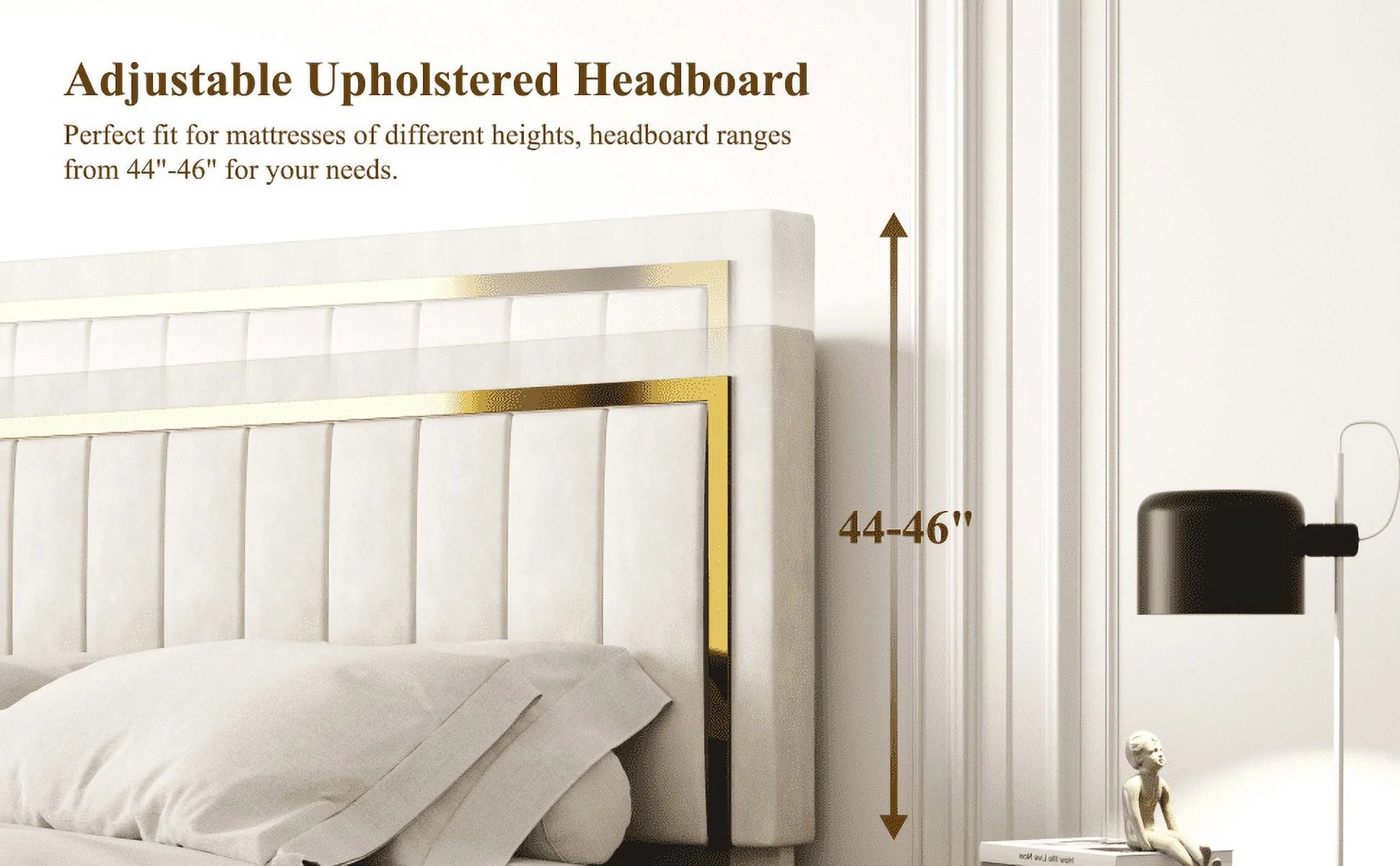 Bed Frame Upholstered Platform with Gold Trim Upholstered and Strong Wooden Slats, Strong Weight Capacity, Non-Slip and Noise-Free, Easy Assembly,Beige