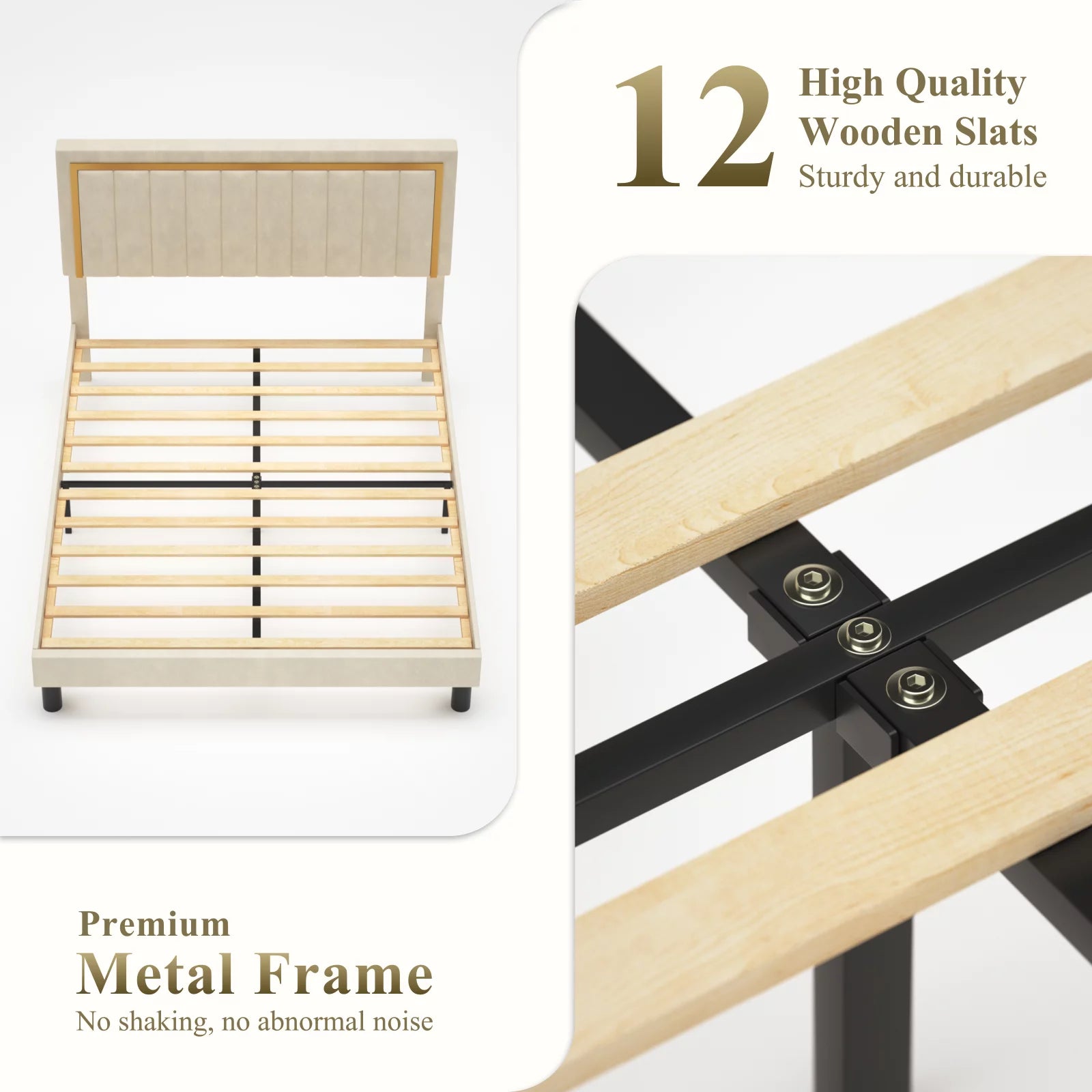 Bed Frame Upholstered Platform with Gold Trim Upholstered and Strong Wooden Slats, Strong Weight Capacity, Non-Slip and Noise-Free, Easy Assembly,Beige