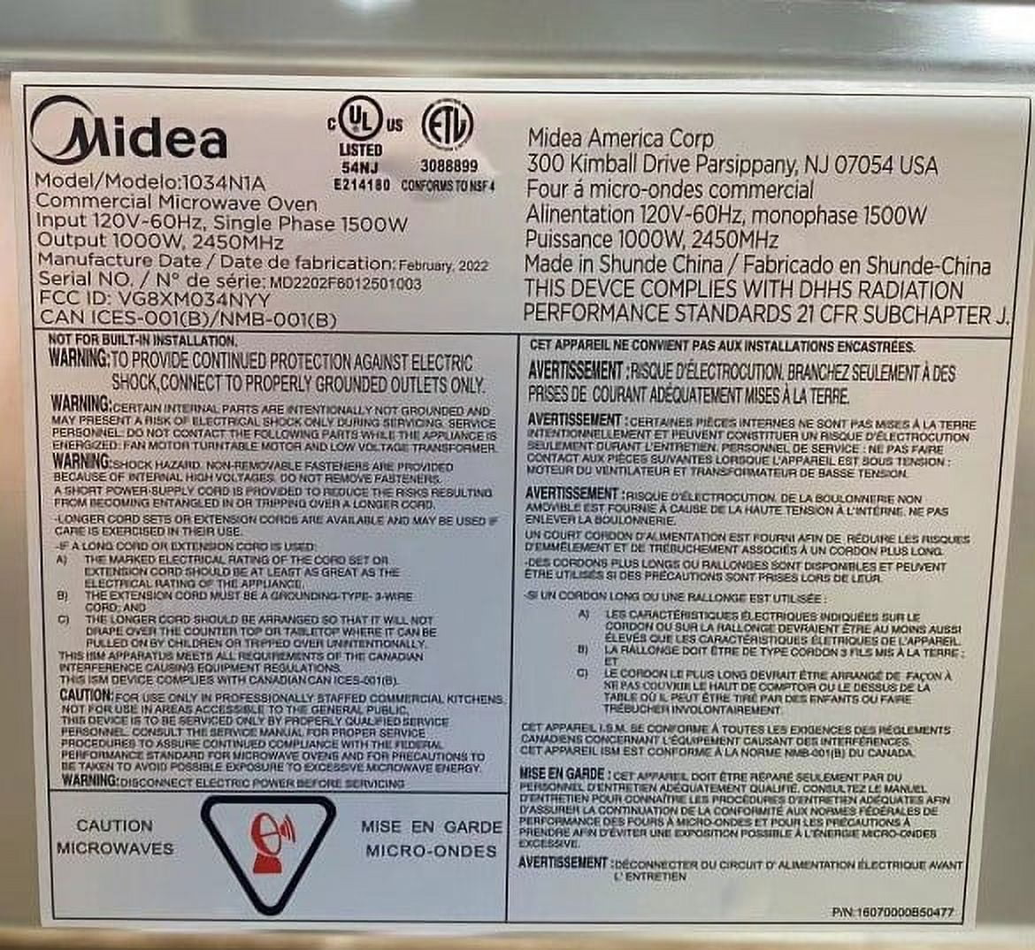1.2 CU FT 1000w NSF Commercial Microwave Oven 1034N1A