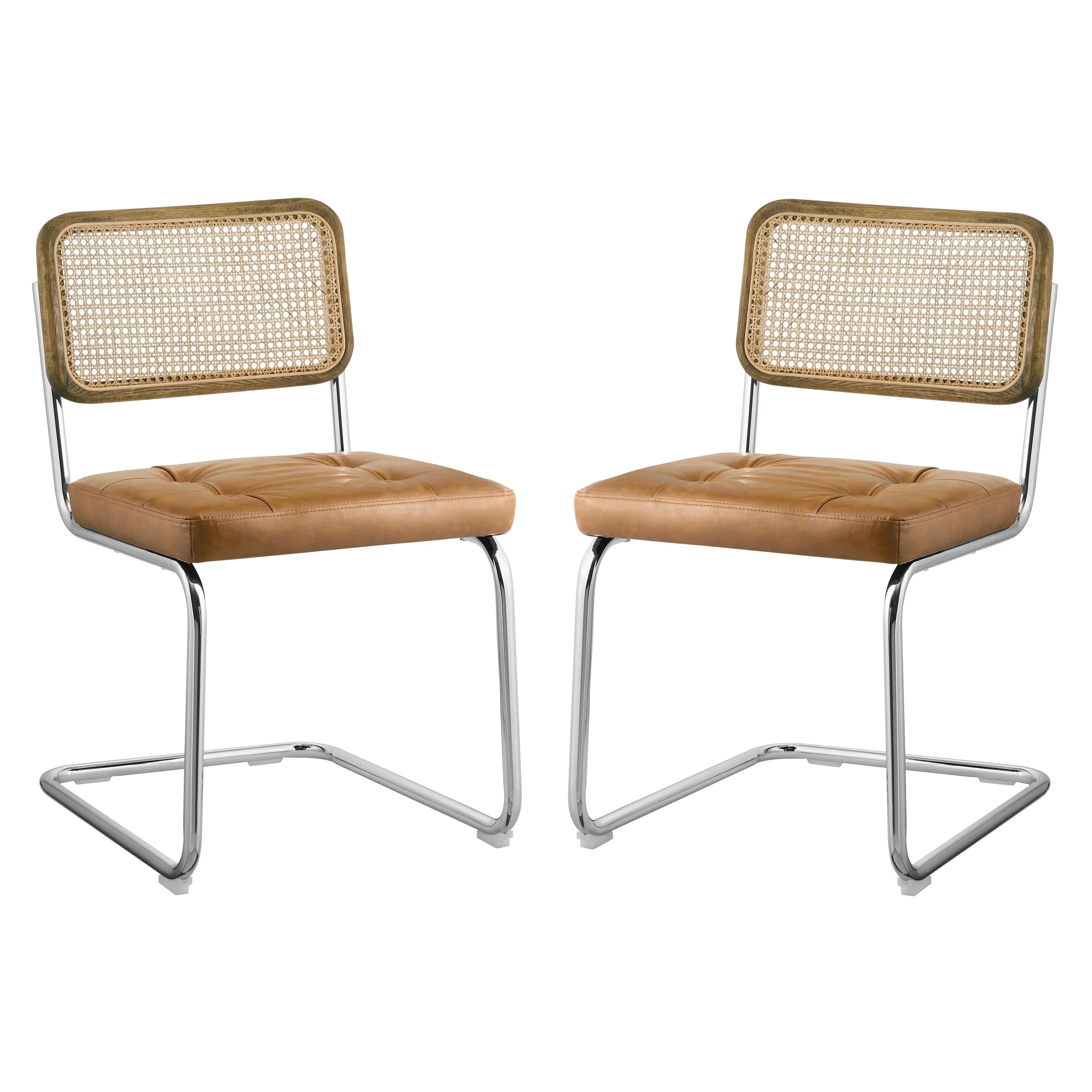 Art Leon Dining Chairs Set of 2,Rattan Upholstered Side Chairs with Cane Back, Faux Leather Dining Room Chairs, Yellow Brown