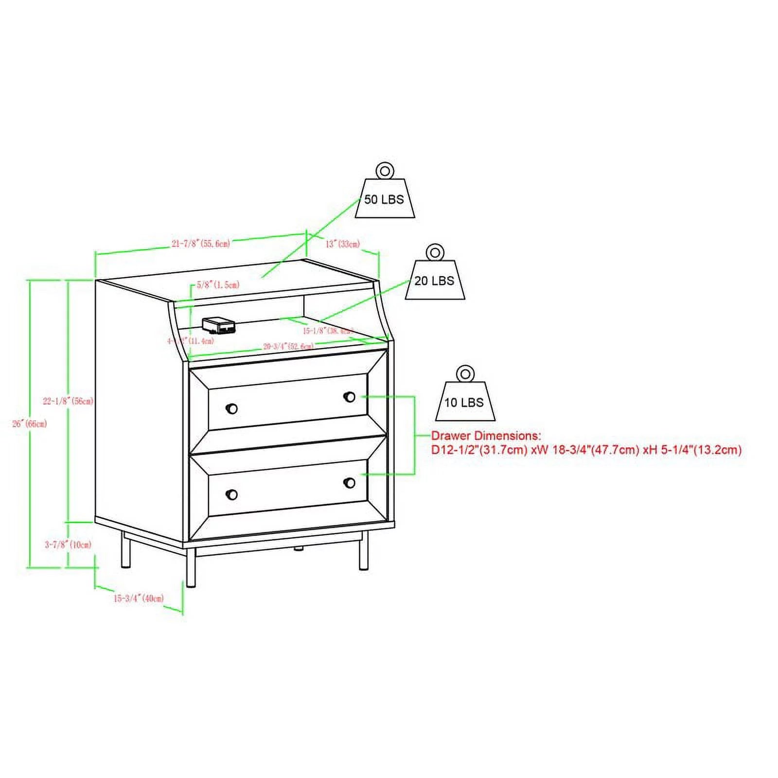 22" Curved Open Top 2-Drawer Bedroom Nightstand with USB in Birch
