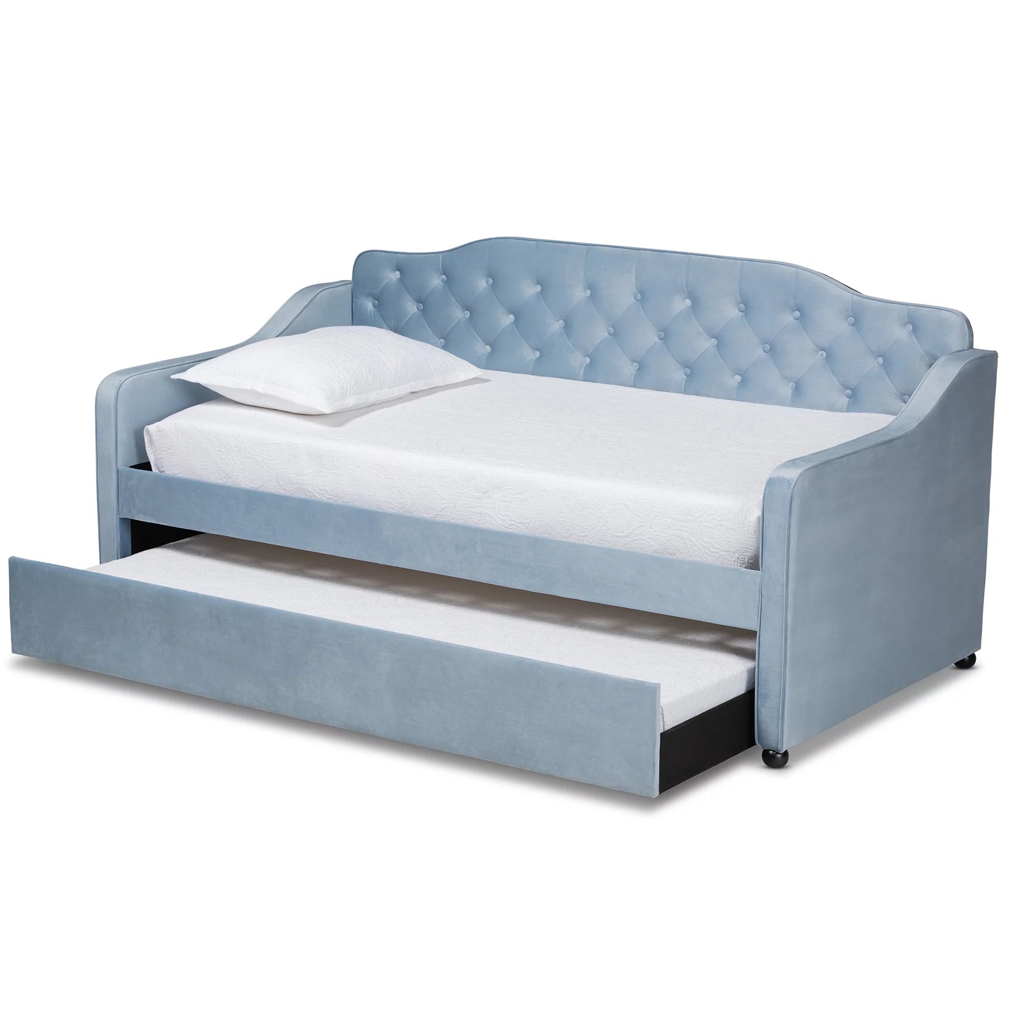 Baxton Studio Freda Transitional and Contemporary Light Blue Velvet Upholstered and Button Tufted Twin Size Daybed with Trundle